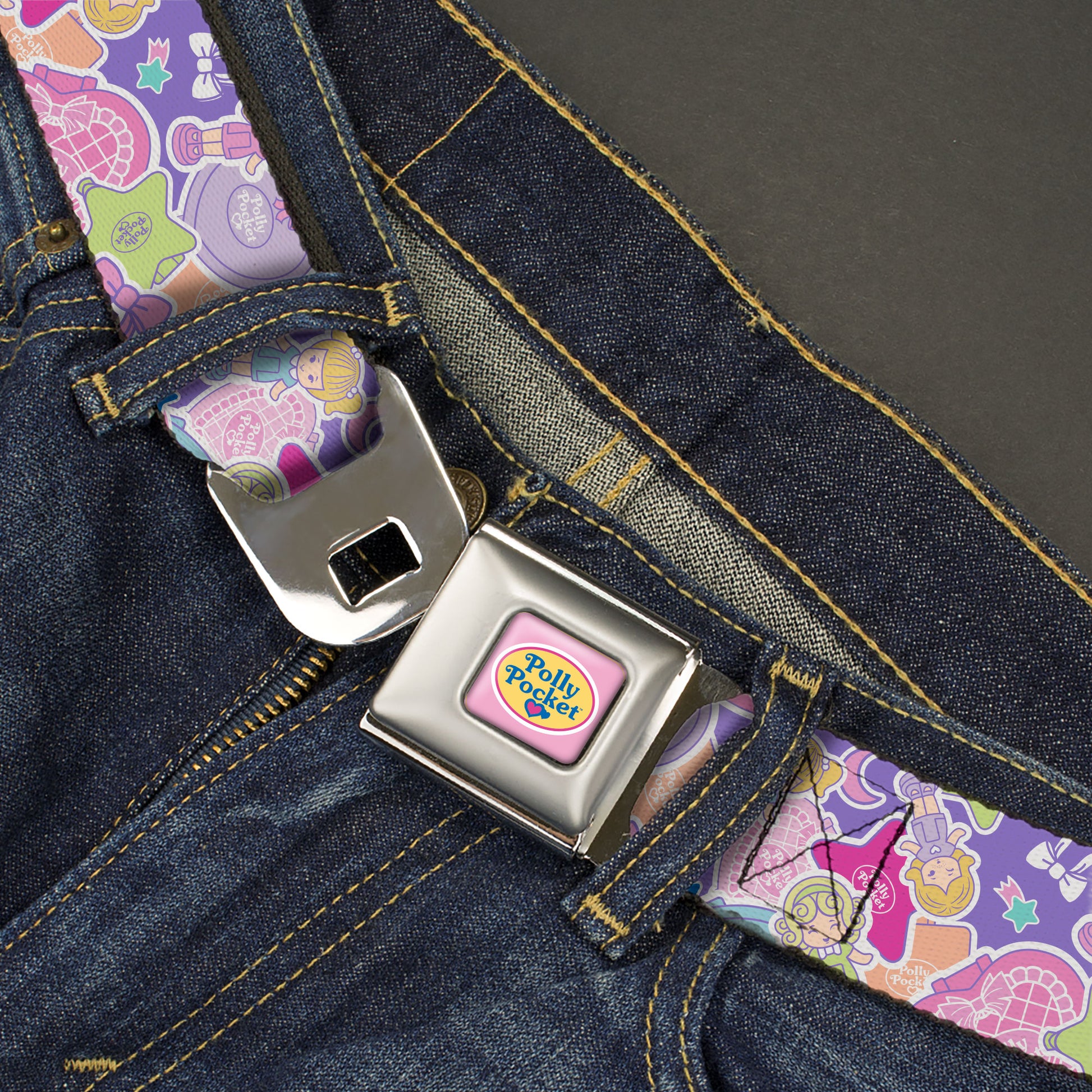 POLLY POCKET Title Logo Full Color Lavender/White Seatbelt Belt - Polly Pocket Dolls and Compacts Collage Lavender Webbing Seatbelt Belts Polly Pocket