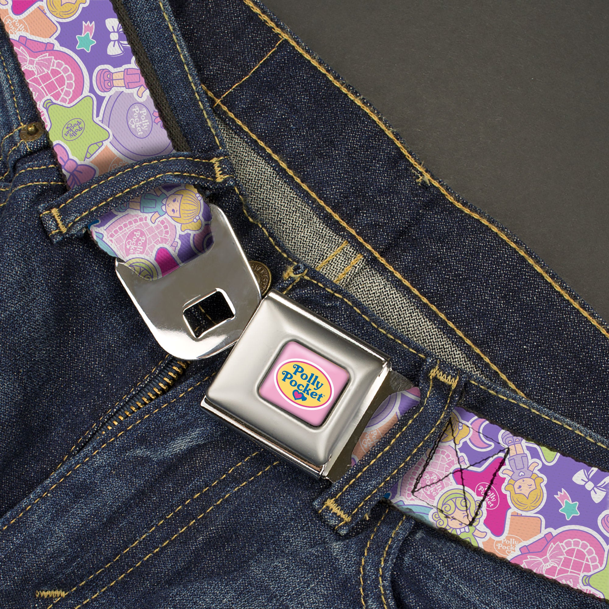 POLLY POCKET Title Logo Full Color Lavender/White Seatbelt Belt - Polly Pocket Dolls and Compacts Collage Lavender Webbing Seatbelt Belts Polly Pocket