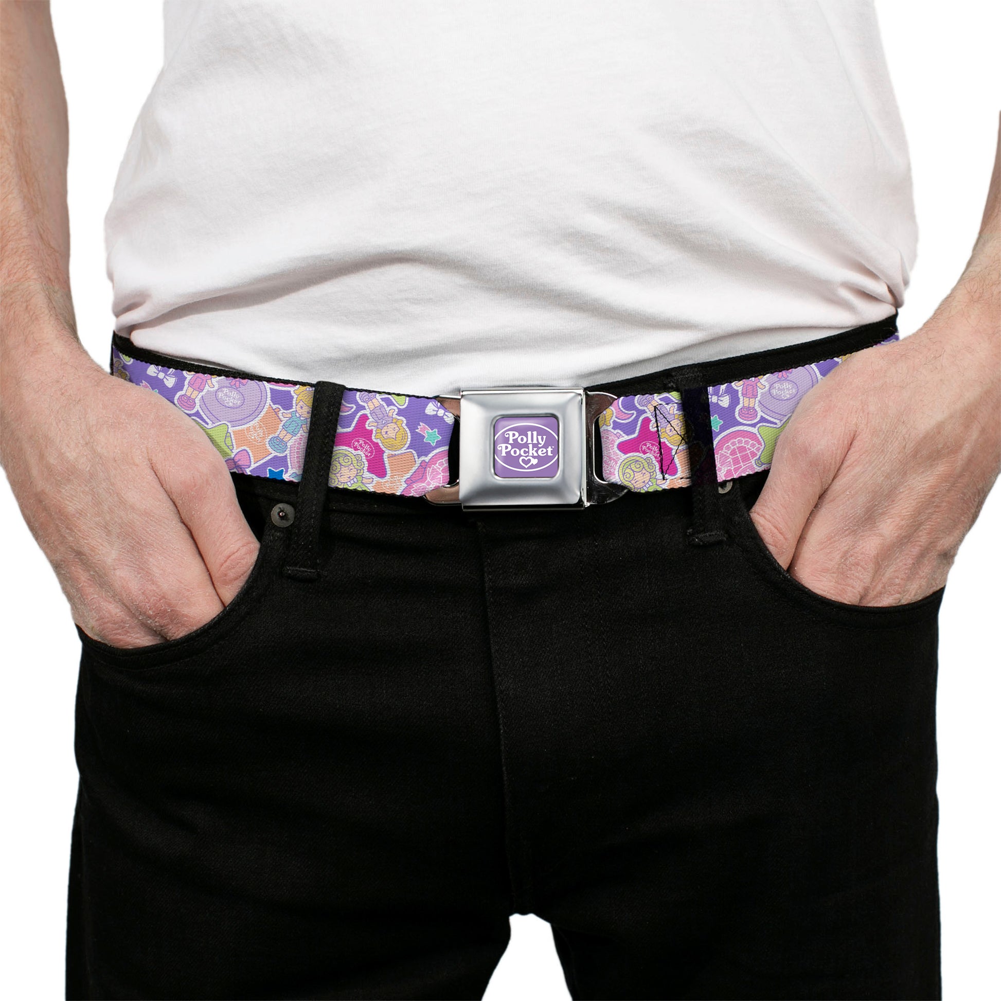 POLLY POCKET Title Logo Full Color Lavender/White Seatbelt Belt - Polly Pocket Dolls and Compacts Collage Lavender Webbing Seatbelt Belts Polly Pocket