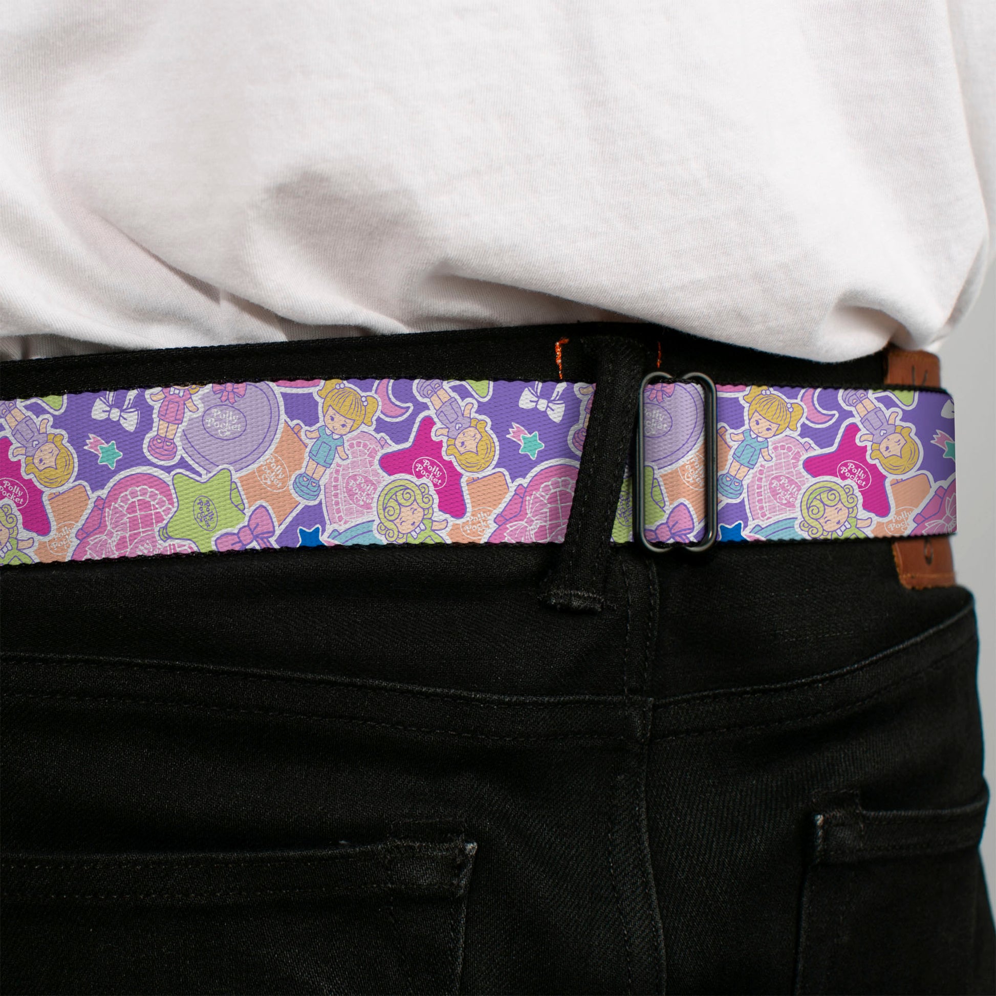 POLLY POCKET Title Logo Full Color Lavender/White Seatbelt Belt - Polly Pocket Dolls and Compacts Collage Lavender Webbing Seatbelt Belts Polly Pocket
