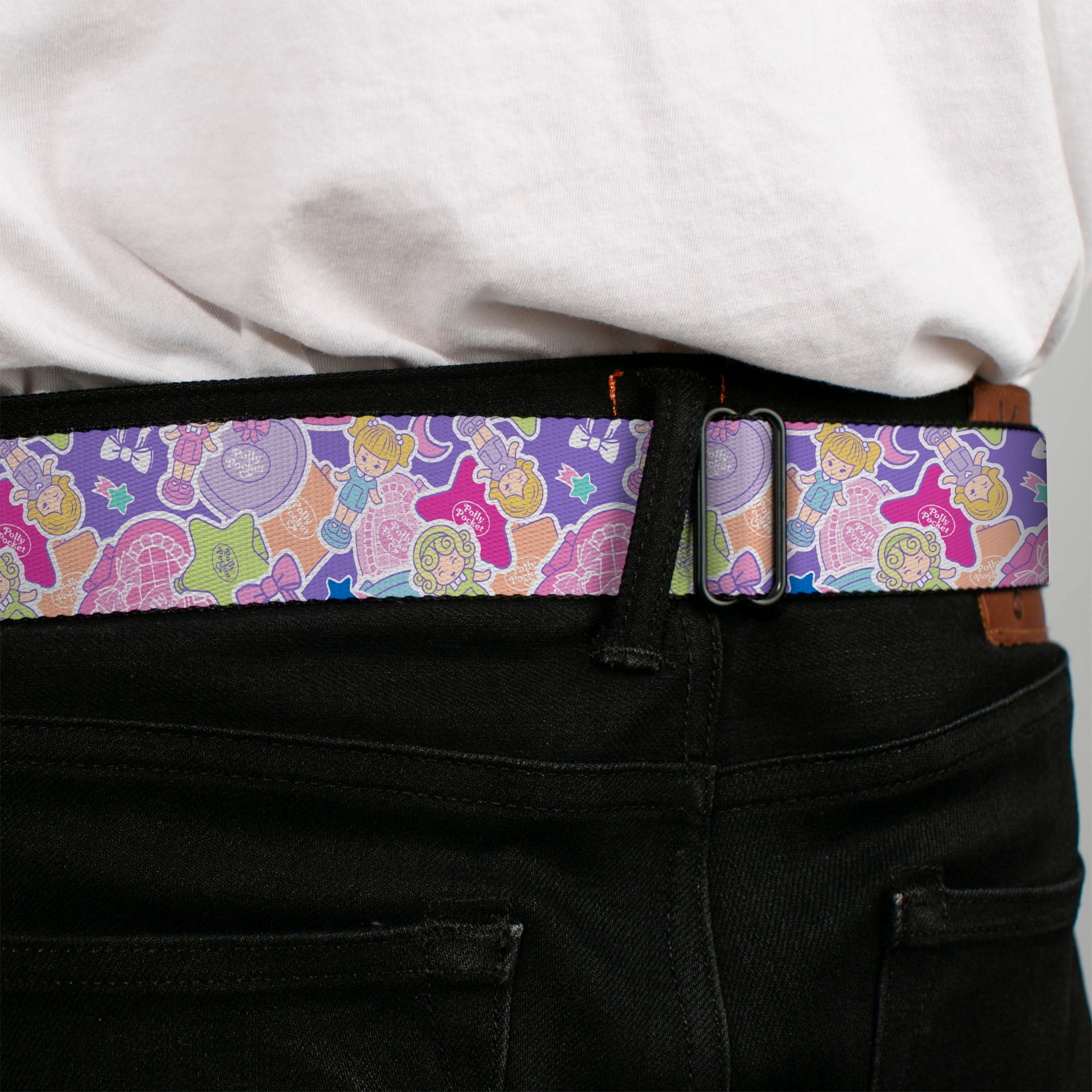 POLLY POCKET Title Logo Full Color Lavender/White Seatbelt Belt - Polly Pocket Dolls and Compacts Collage Lavender Webbing Seatbelt Belts Polly Pocket