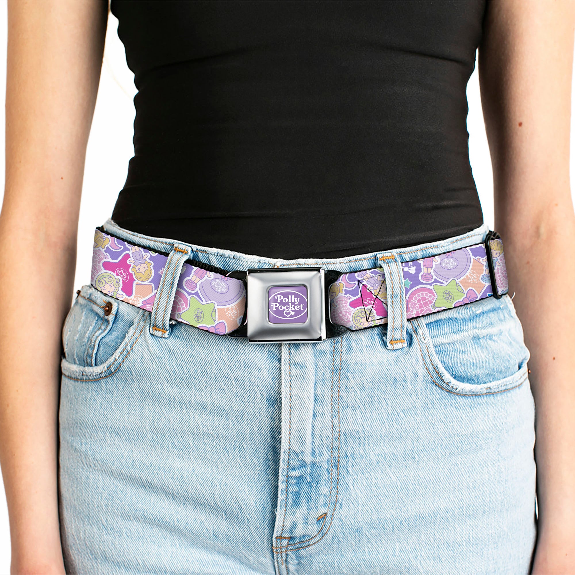POLLY POCKET Title Logo Full Color Lavender/White Seatbelt Belt - Polly Pocket Dolls and Compacts Collage Lavender Webbing Seatbelt Belts Polly Pocket
