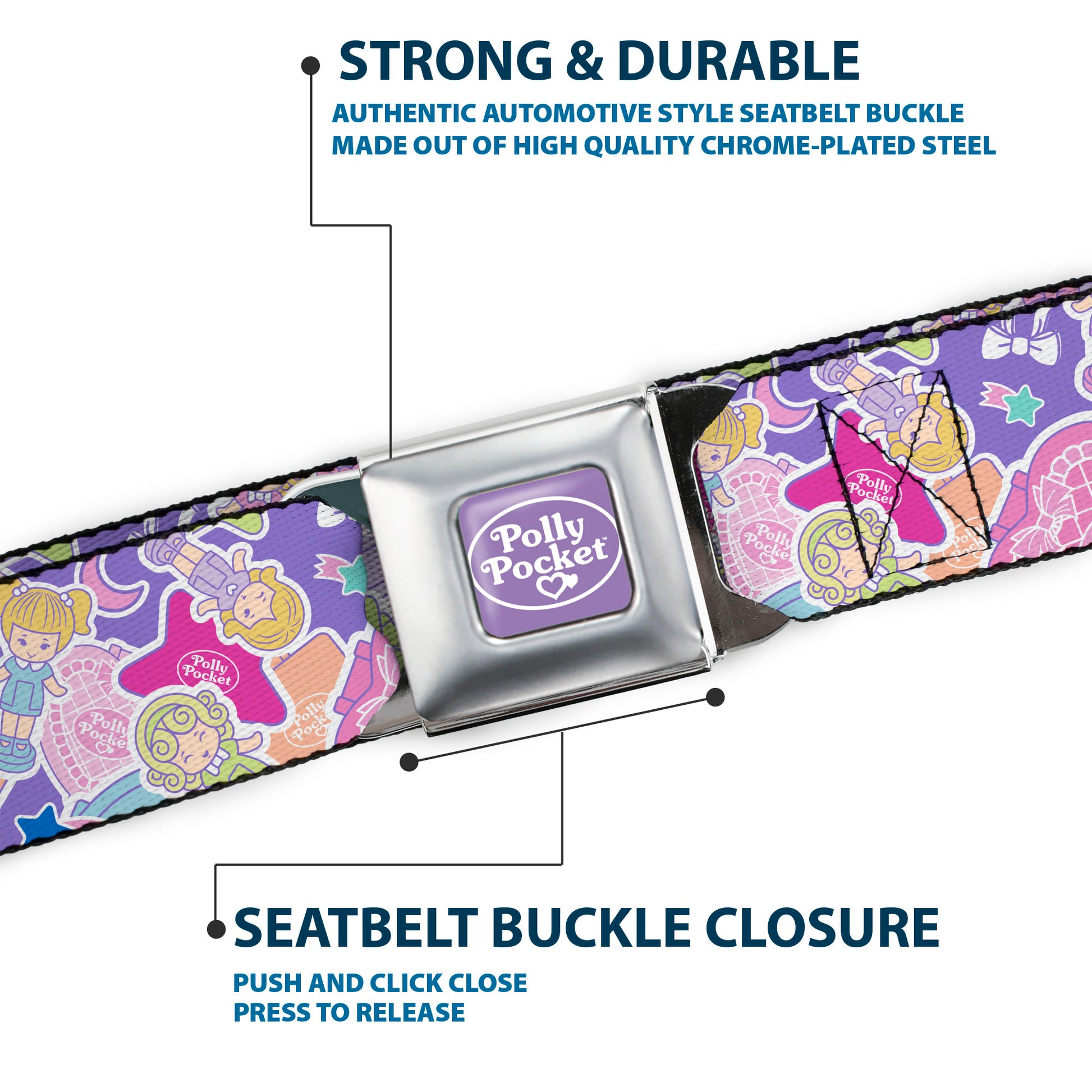 POLLY POCKET Title Logo Full Color Lavender/White Seatbelt Belt - Polly Pocket Dolls and Compacts Collage Lavender Webbing Seatbelt Belts Polly Pocket
