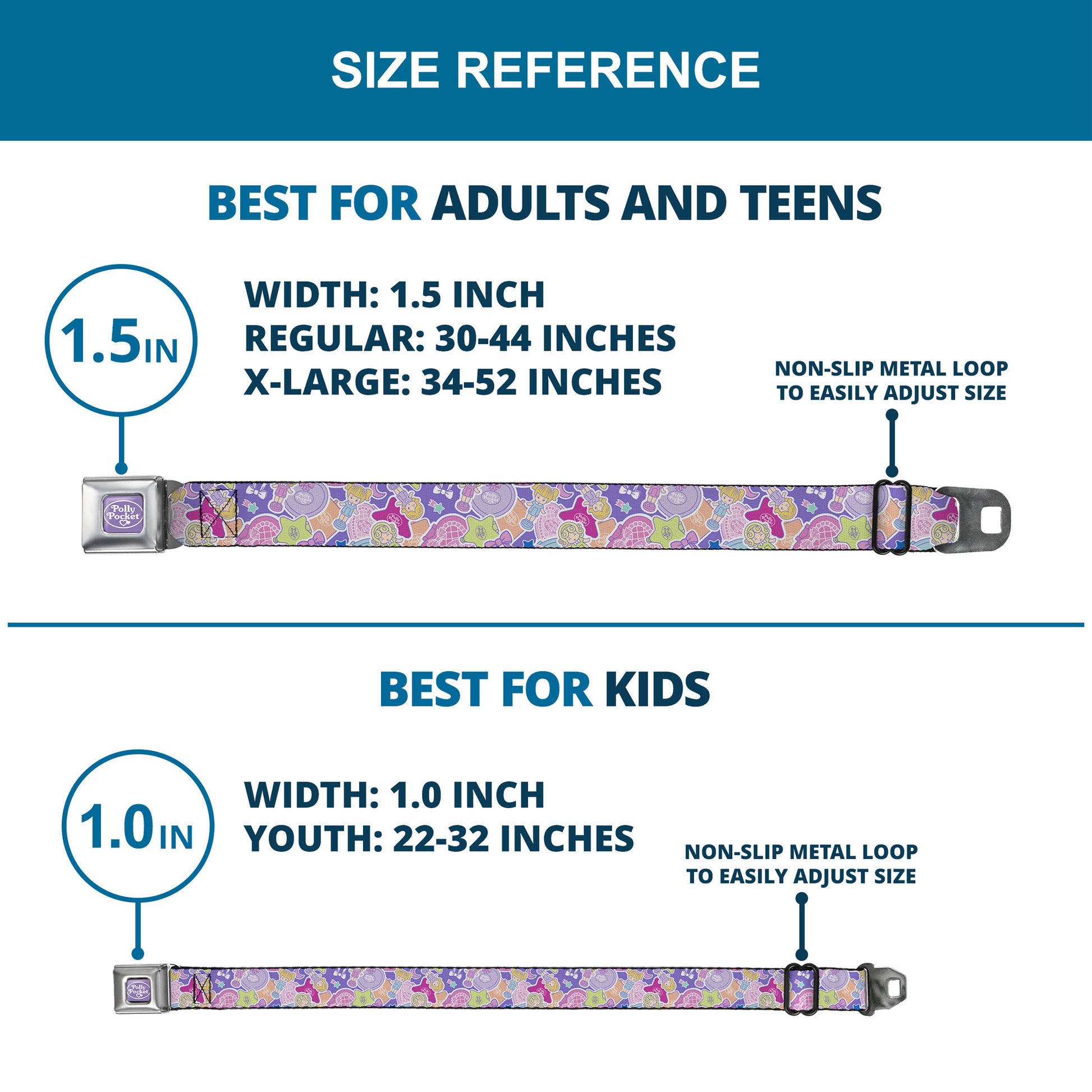 POLLY POCKET Title Logo Full Color Lavender/White Seatbelt Belt - Polly Pocket Dolls and Compacts Collage Lavender Webbing Seatbelt Belts Polly Pocket