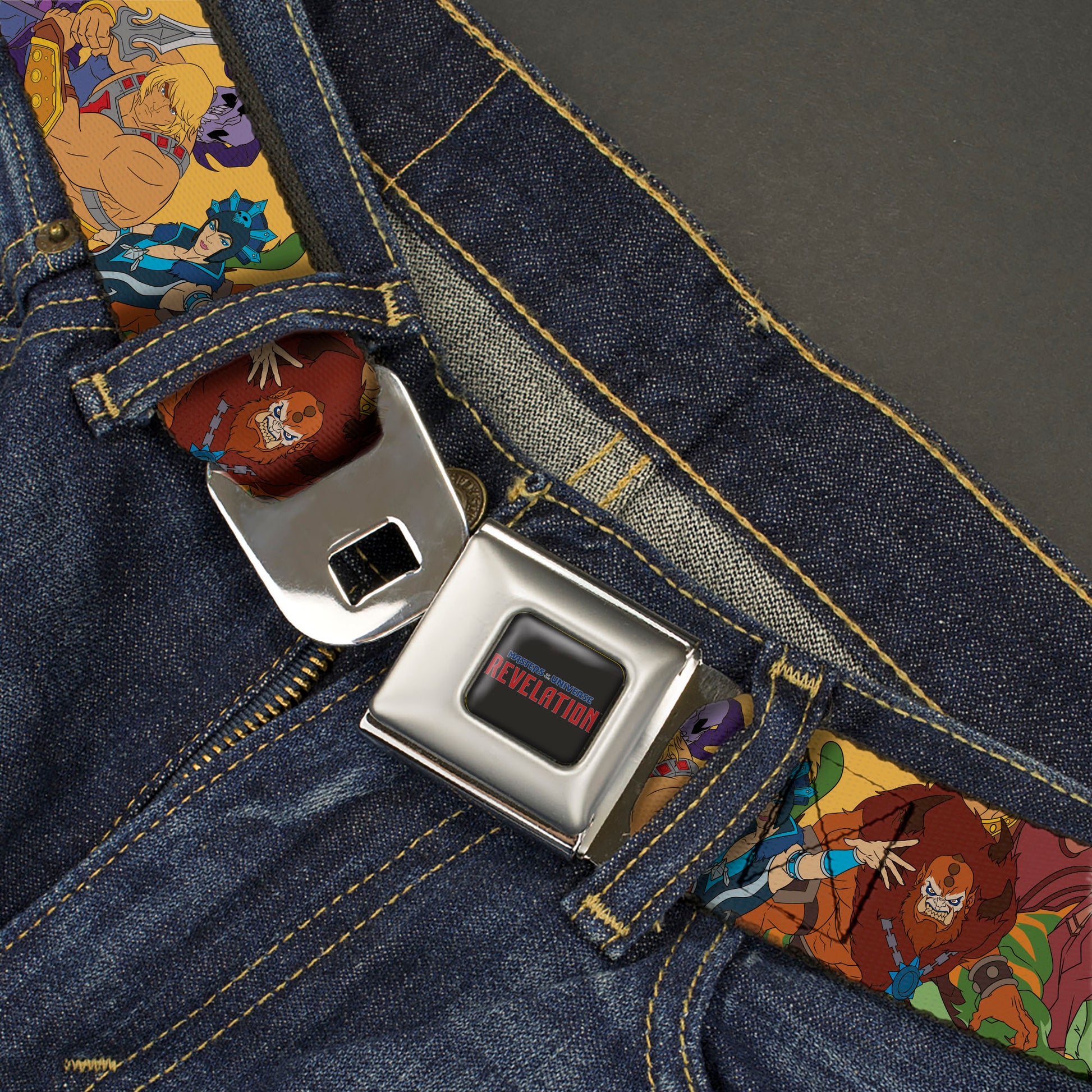 MASTERS OF THE UNIVERSE REVELATION Title Logo Full Color Black Seatbelt Belt - MOTU Revelation Eight Character Group Pose Yellow Webbing Seatbelt Belts Masters of the Universe