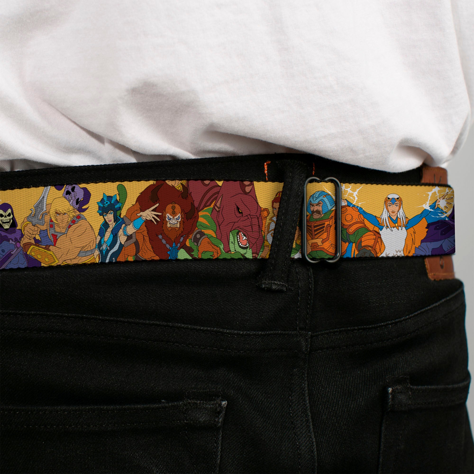 MASTERS OF THE UNIVERSE REVELATION Title Logo Full Color Black Seatbelt Belt - MOTU Revelation Eight Character Group Pose Yellow Webbing Seatbelt Belts Masters of the Universe