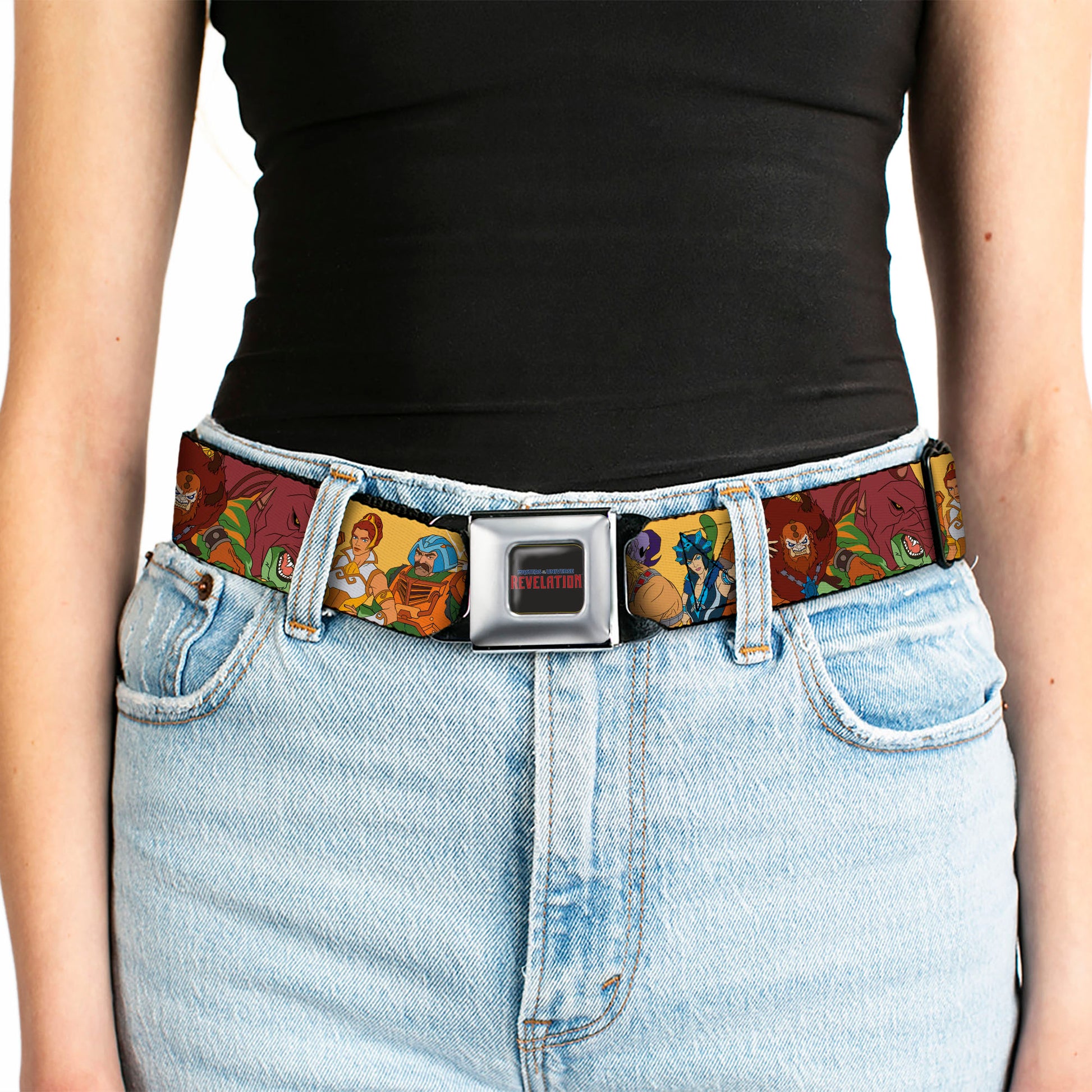 MASTERS OF THE UNIVERSE REVELATION Title Logo Full Color Black Seatbelt Belt - MOTU Revelation Eight Character Group Pose Yellow Webbing Seatbelt Belts Masters of the Universe