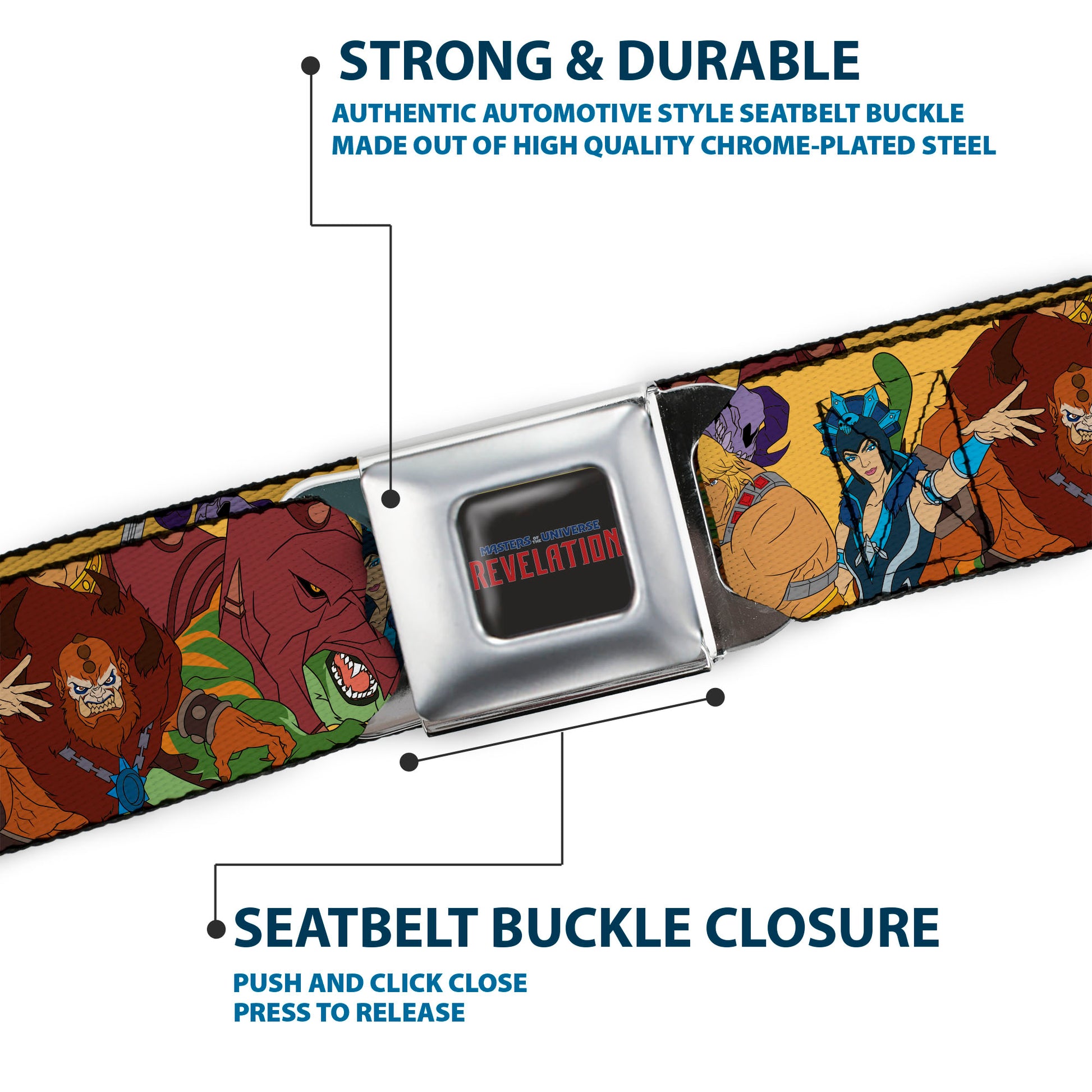 MASTERS OF THE UNIVERSE REVELATION Title Logo Full Color Black Seatbelt Belt - MOTU Revelation Eight Character Group Pose Yellow Webbing Seatbelt Belts Masters of the Universe