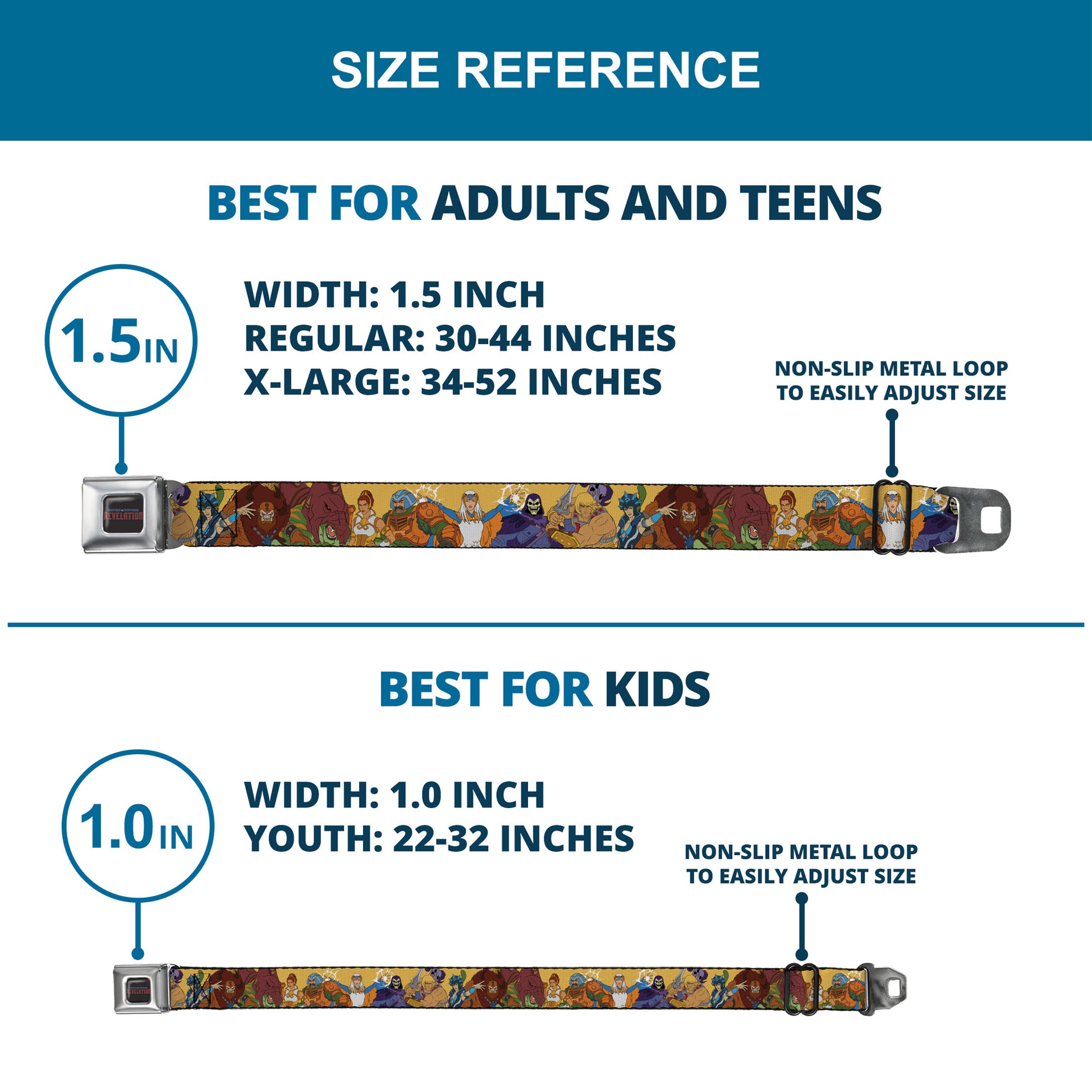 MASTERS OF THE UNIVERSE REVELATION Title Logo Full Color Black Seatbelt Belt - MOTU Revelation Eight Character Group Pose Yellow Webbing Seatbelt Belts Masters of the Universe