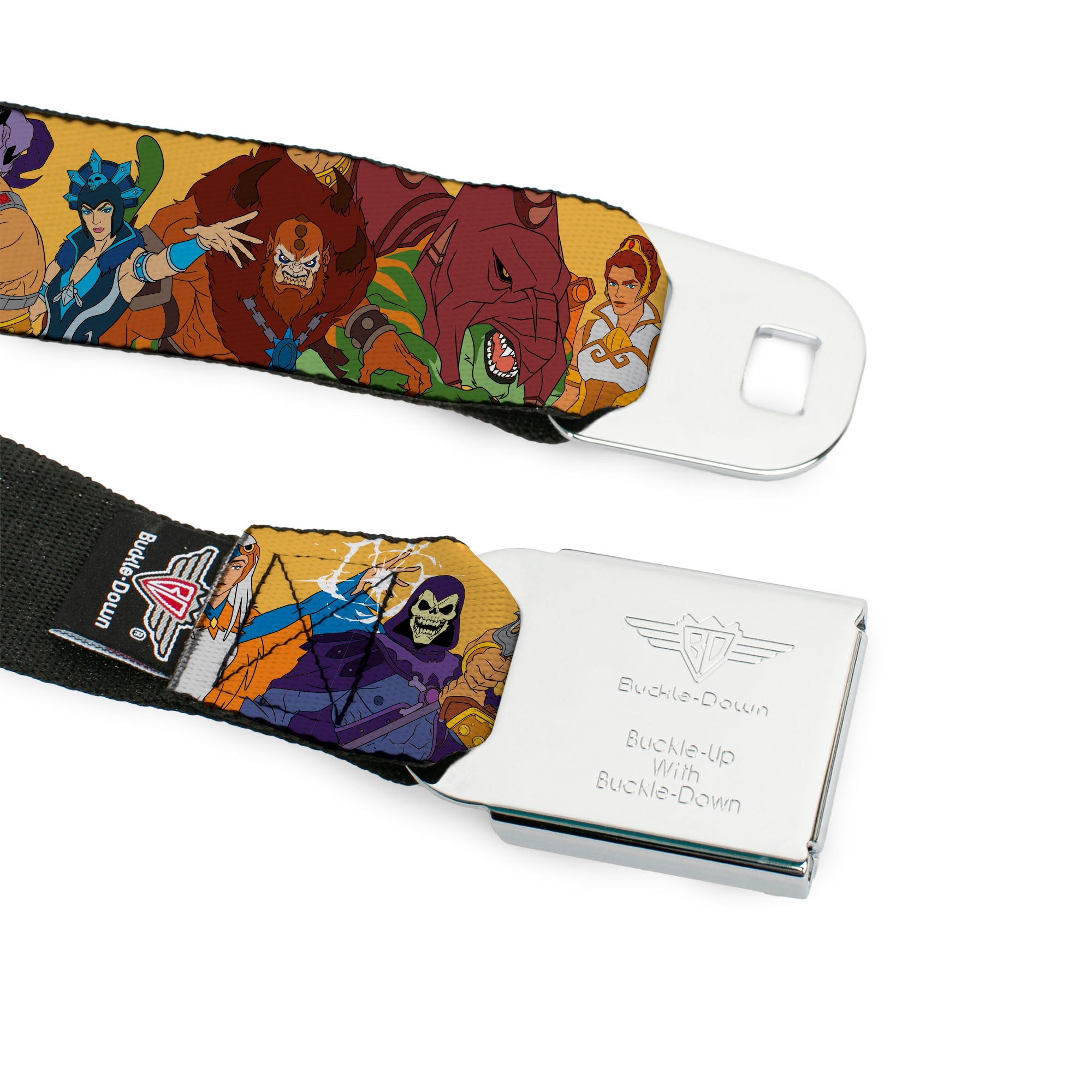 MASTERS OF THE UNIVERSE REVELATION Title Logo Full Color Black Seatbelt Belt - MOTU Revelation Eight Character Group Pose Yellow Webbing Seatbelt Belts Masters of the Universe