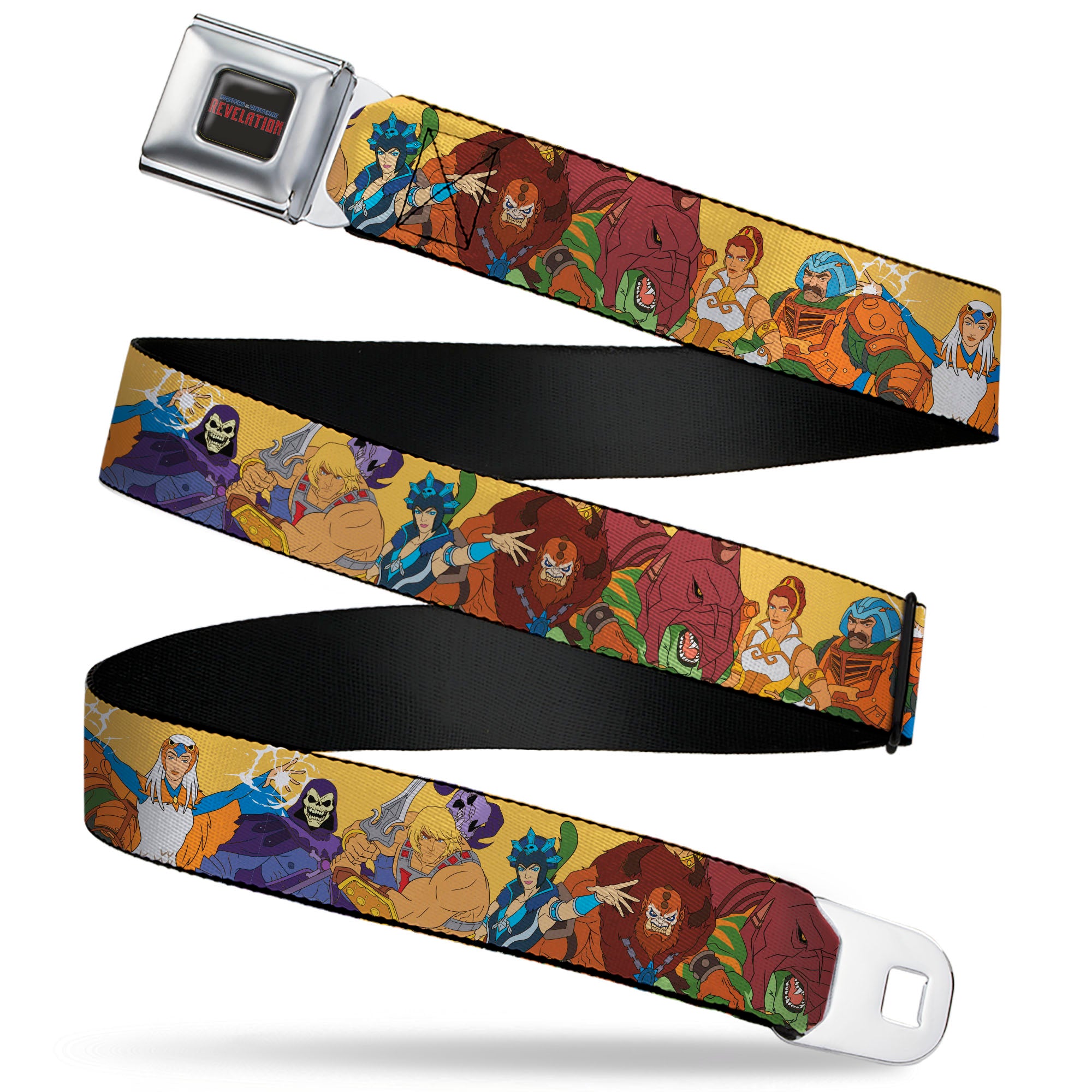 MASTERS OF THE UNIVERSE REVELATION Title Logo Full Color Black Seatbelt Belt - MOTU Revelation Eight Character Group Pose Yellow Webbing Seatbelt Belts Masters of the Universe