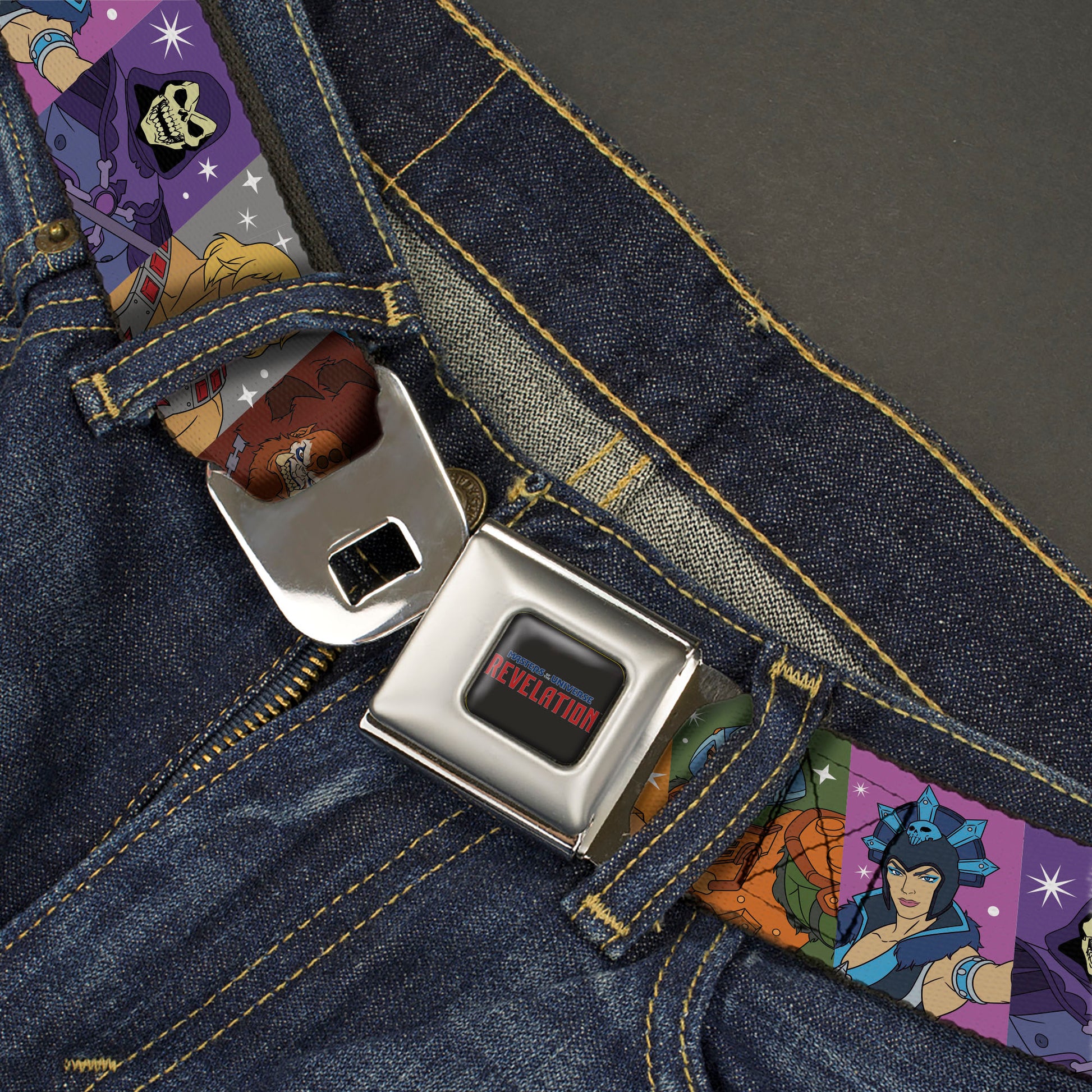 MASTERS OF THE UNIVERSE REVELATION Title Logo Full Color Black Seatbelt Belt - Masters of the Universe Character Block Stripe Poses Multi Color Webbing Seatbelt Belts Masters of the Universe