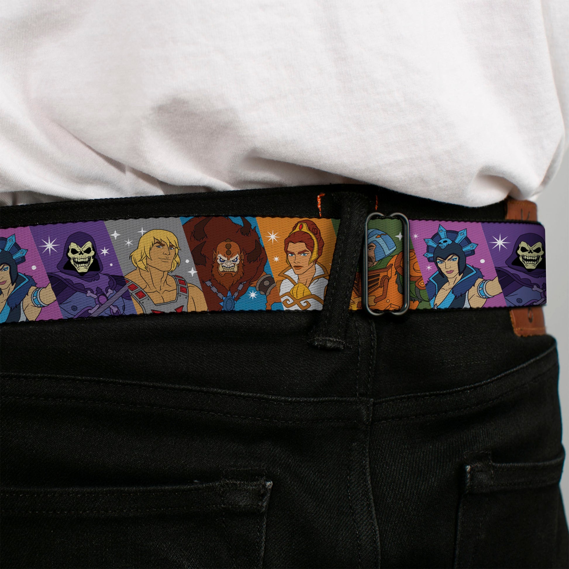 MASTERS OF THE UNIVERSE REVELATION Title Logo Full Color Black Seatbelt Belt - Masters of the Universe Character Block Stripe Poses Multi Color Webbing Seatbelt Belts Masters of the Universe
