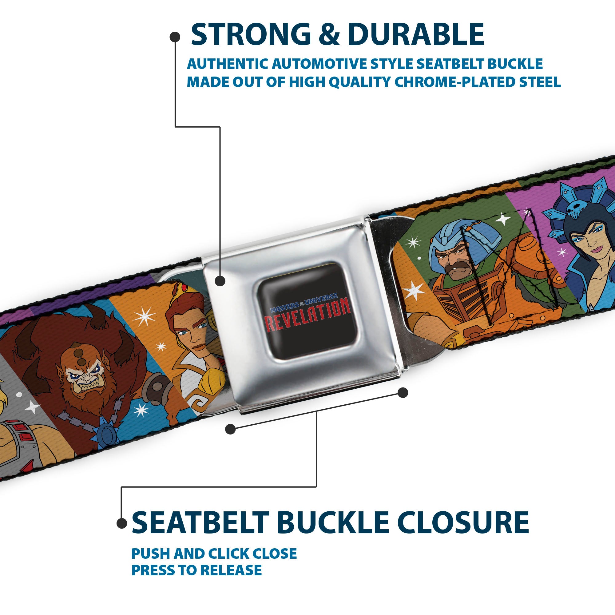 MASTERS OF THE UNIVERSE REVELATION Title Logo Full Color Black Seatbelt Belt - Masters of the Universe Character Block Stripe Poses Multi Color Webbing Seatbelt Belts Masters of the Universe