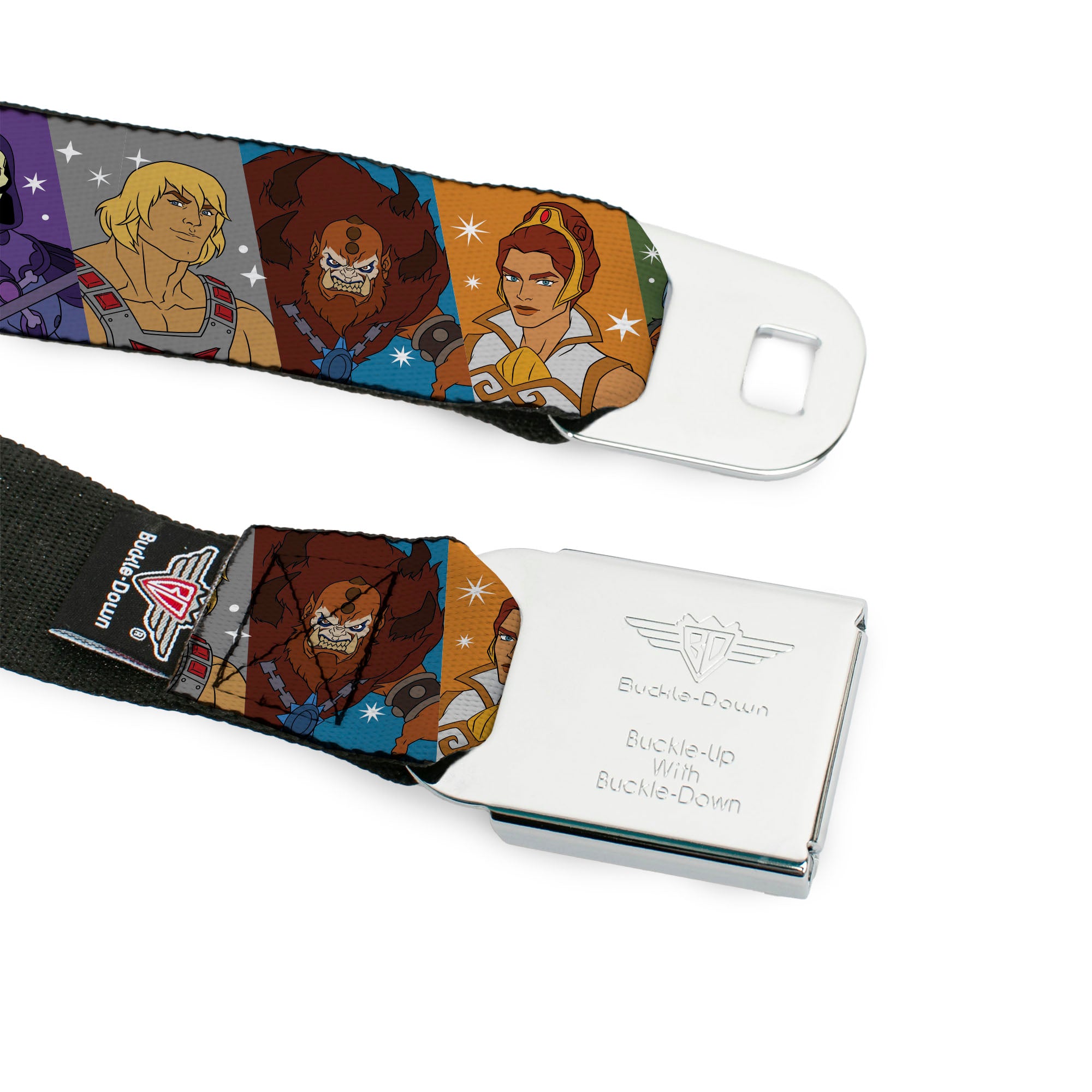 MASTERS OF THE UNIVERSE REVELATION Title Logo Full Color Black Seatbelt Belt - Masters of the Universe Character Block Stripe Poses Multi Color Webbing Seatbelt Belts Masters of the Universe