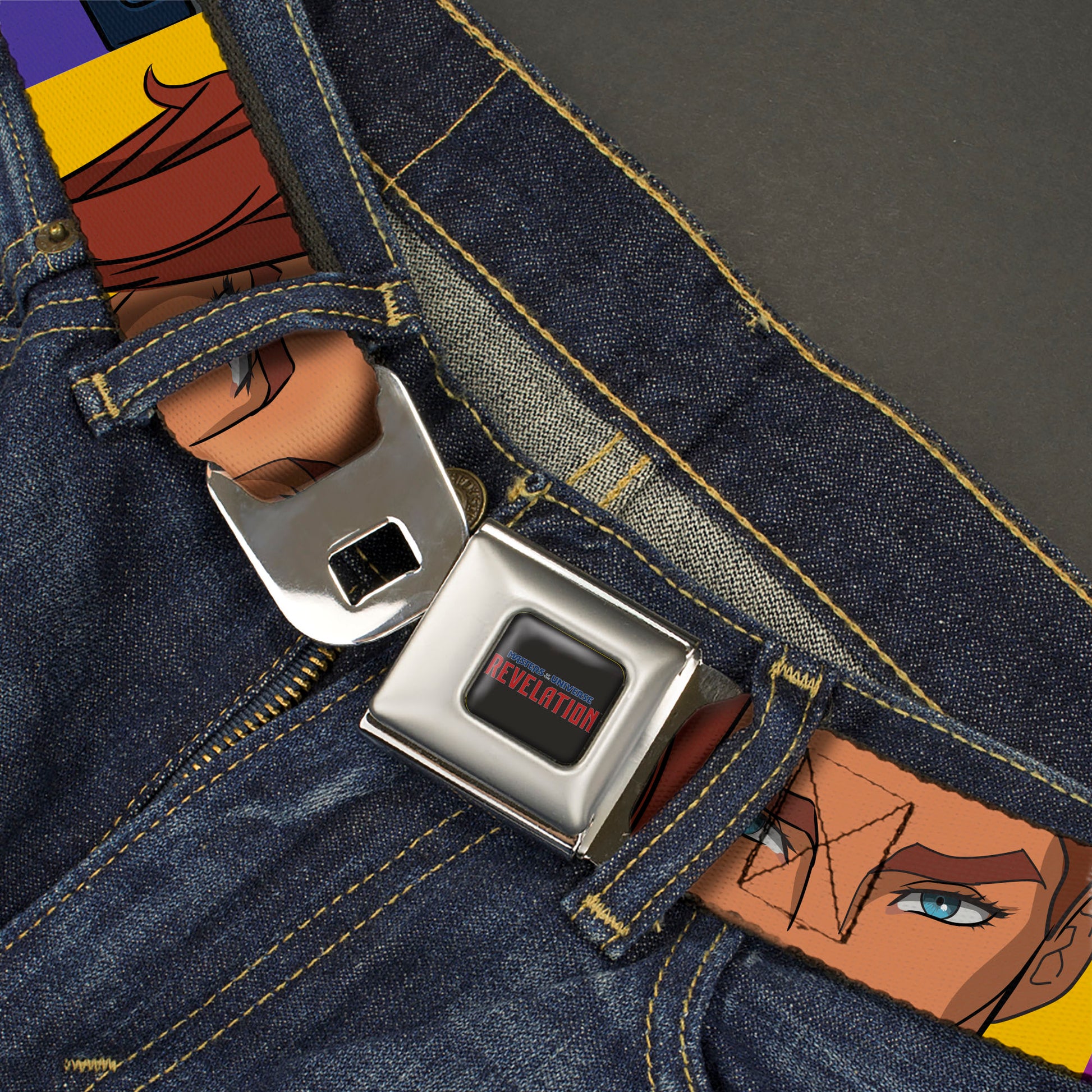 MASTERS OF THE UNIVERSE REVELATION Title Logo Full Color Black Seatbelt Belt - Masters of the Universe Revelation Character Close-Up Blocks Webbing Seatbelt Belts Masters of the Universe