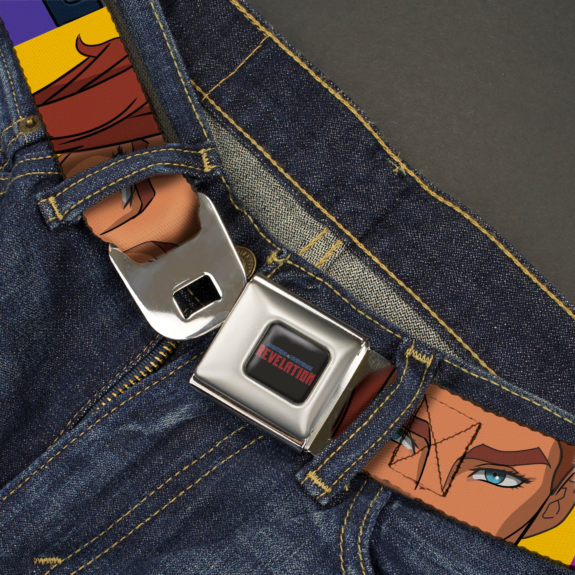 MASTERS OF THE UNIVERSE REVELATION Title Logo Full Color Black Seatbelt Belt - Masters of the Universe Revelation Character Close-Up Blocks Webbing Seatbelt Belts Masters of the Universe