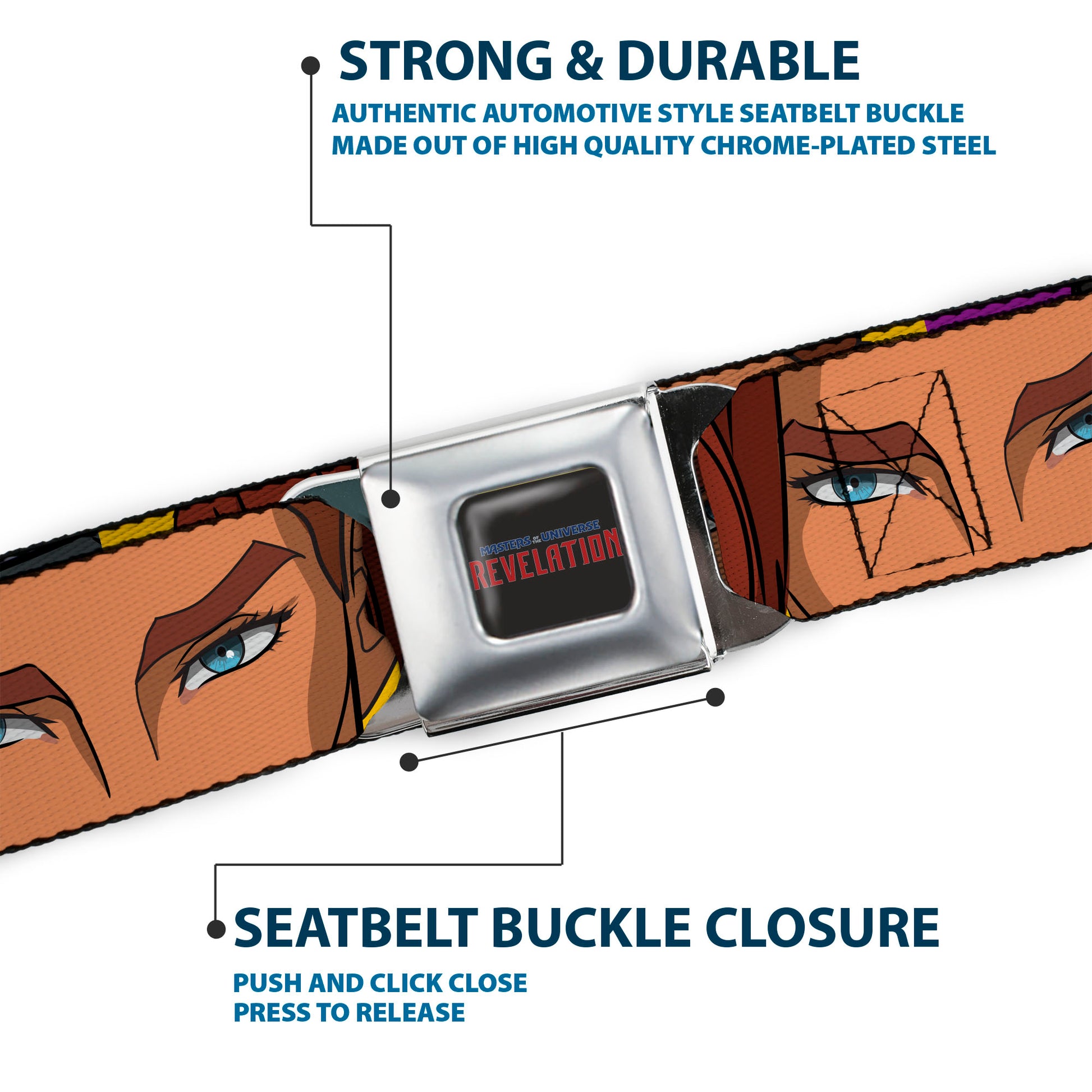 MASTERS OF THE UNIVERSE REVELATION Title Logo Full Color Black Seatbelt Belt - Masters of the Universe Revelation Character Close-Up Blocks Webbing Seatbelt Belts Masters of the Universe