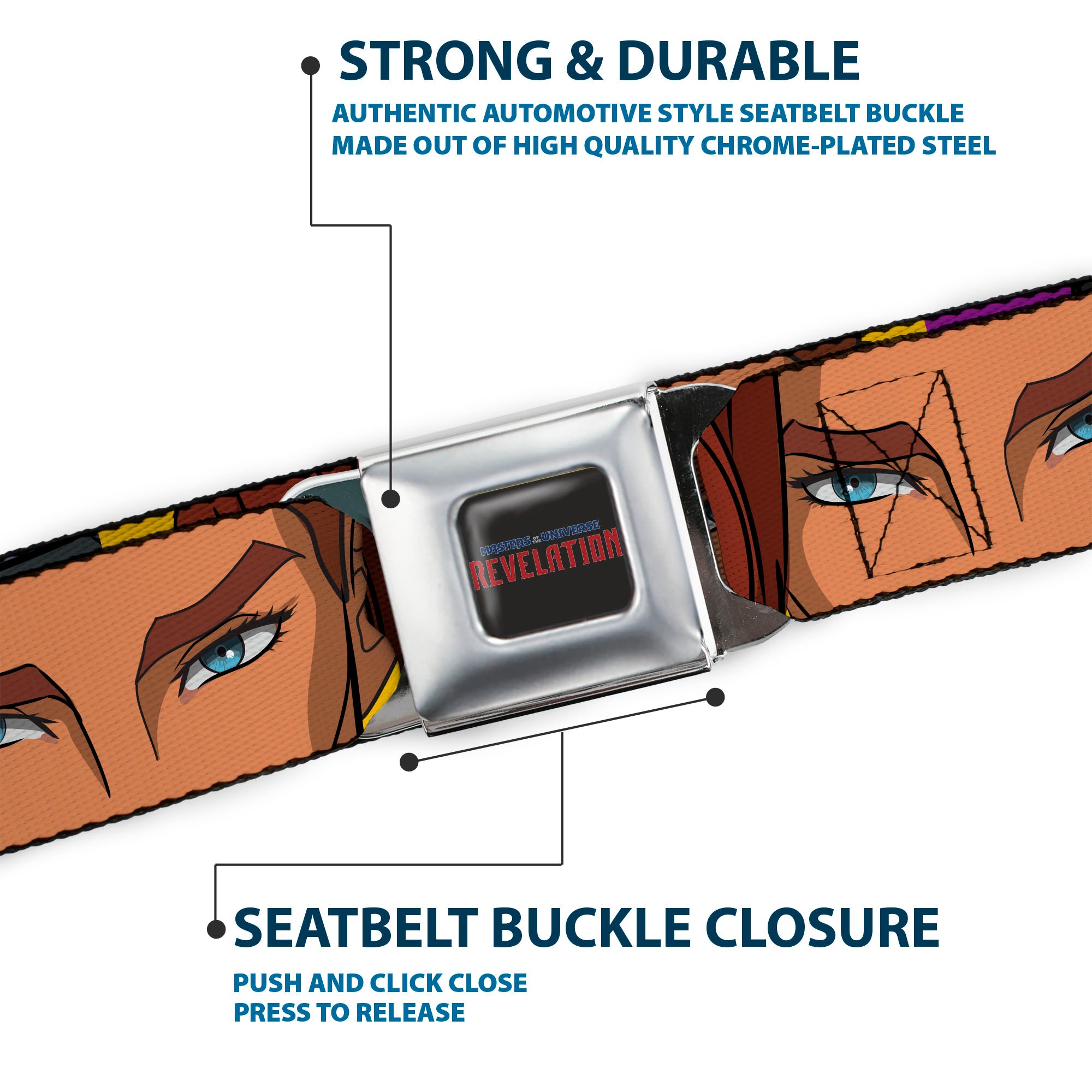 MASTERS OF THE UNIVERSE REVELATION Title Logo Full Color Black Seatbelt Belt - Masters of the Universe Revelation Character Close-Up Blocks Webbing Seatbelt Belts Masters of the Universe