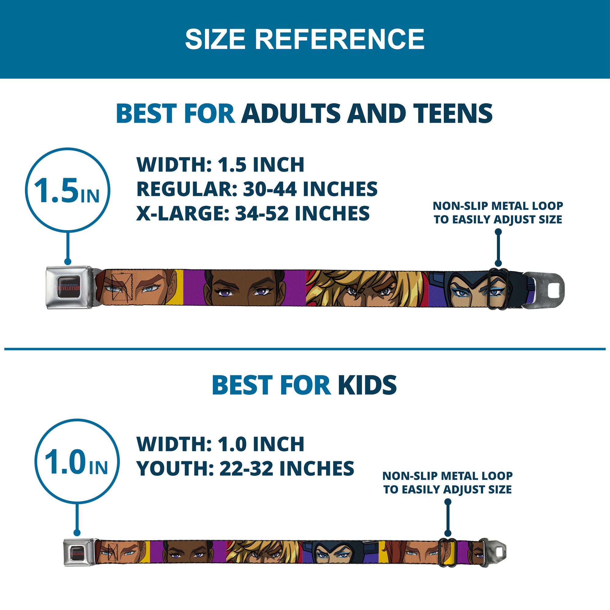 MASTERS OF THE UNIVERSE REVELATION Title Logo Full Color Black Seatbelt Belt - Masters of the Universe Revelation Character Close-Up Blocks Webbing Seatbelt Belts Masters of the Universe