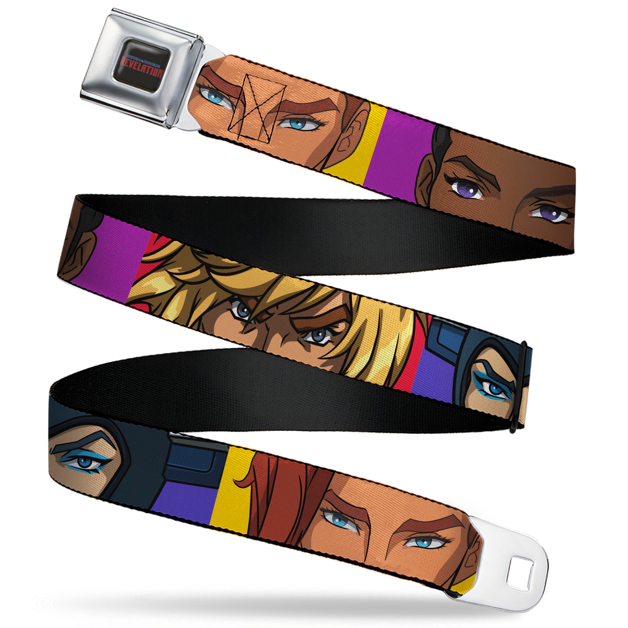 MASTERS OF THE UNIVERSE REVELATION Title Logo Full Color Black Seatbelt Belt - Masters of the Universe Revelation Character Close-Up Blocks Webbing Seatbelt Belts Masters of the Universe