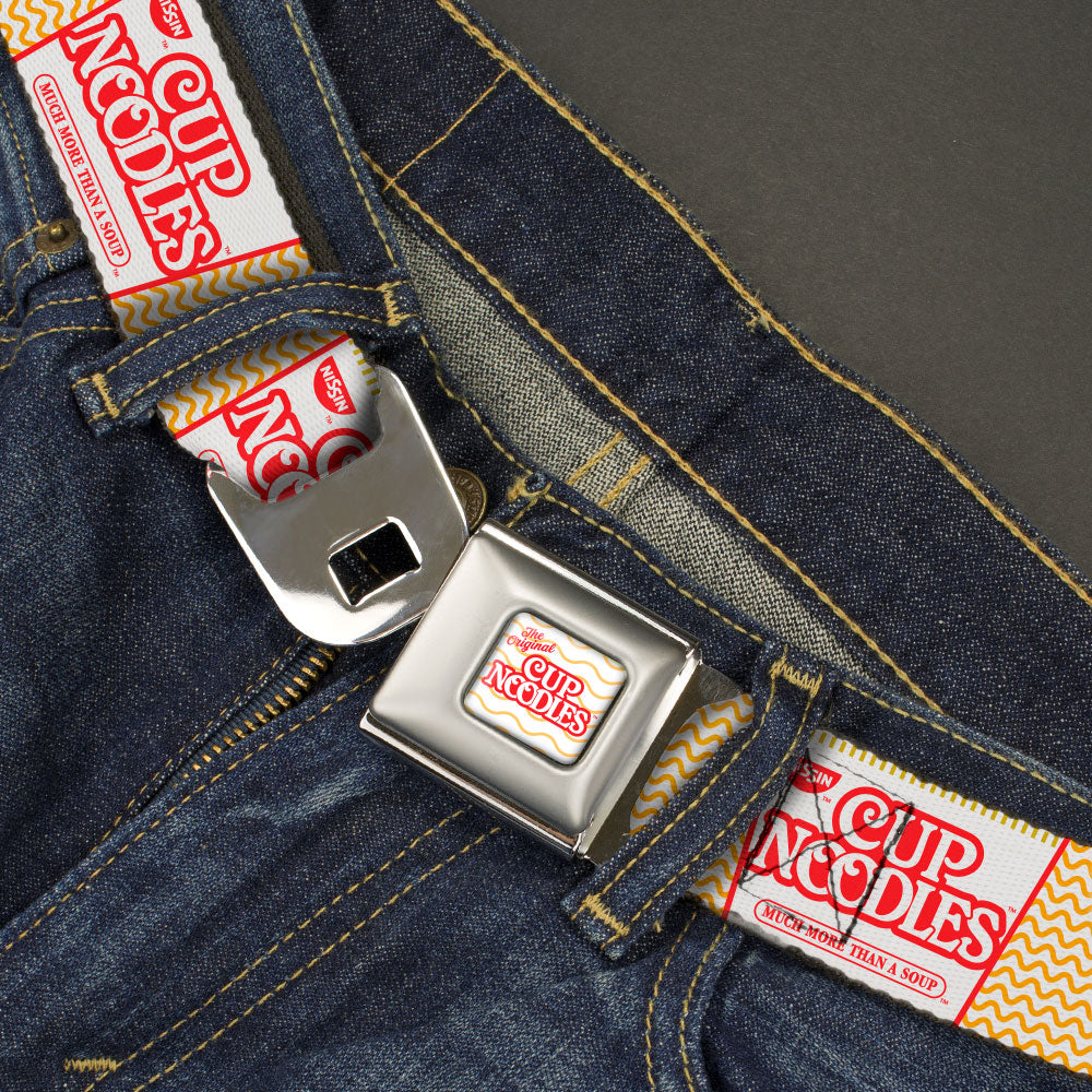 THE ORIGINAL CUP NOODLES Logo/Noodle Wave Full Color White/Orange/Red Seatbelt Belt - Cup Noodles Cups Stacked Collage White/Gold/Red Webbing Seatbelt Belts Nissin