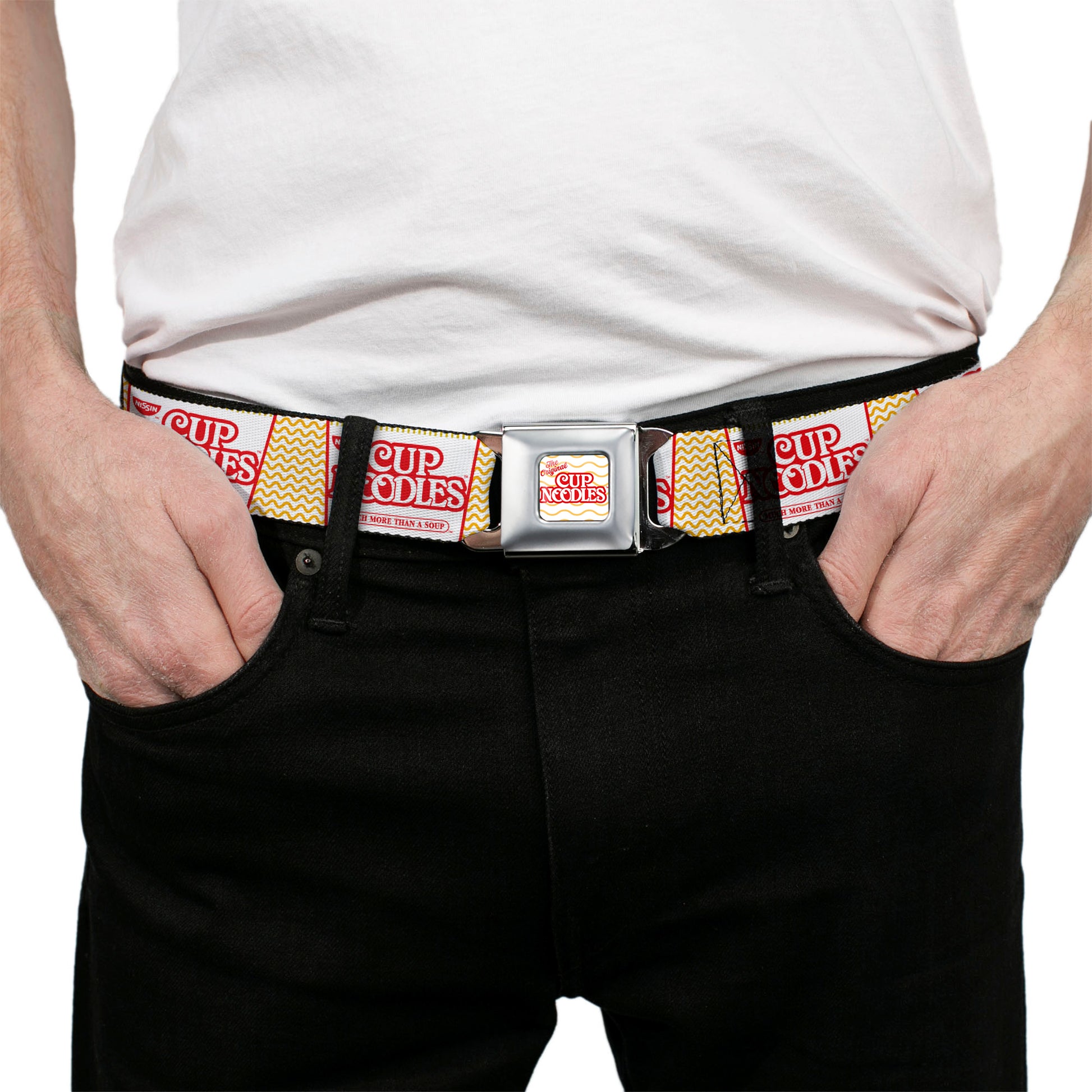 THE ORIGINAL CUP NOODLES Logo/Noodle Wave Full Color White/Orange/Red Seatbelt Belt - Cup Noodles Cups Stacked Collage White/Gold/Red Webbing Seatbelt Belts Nissin