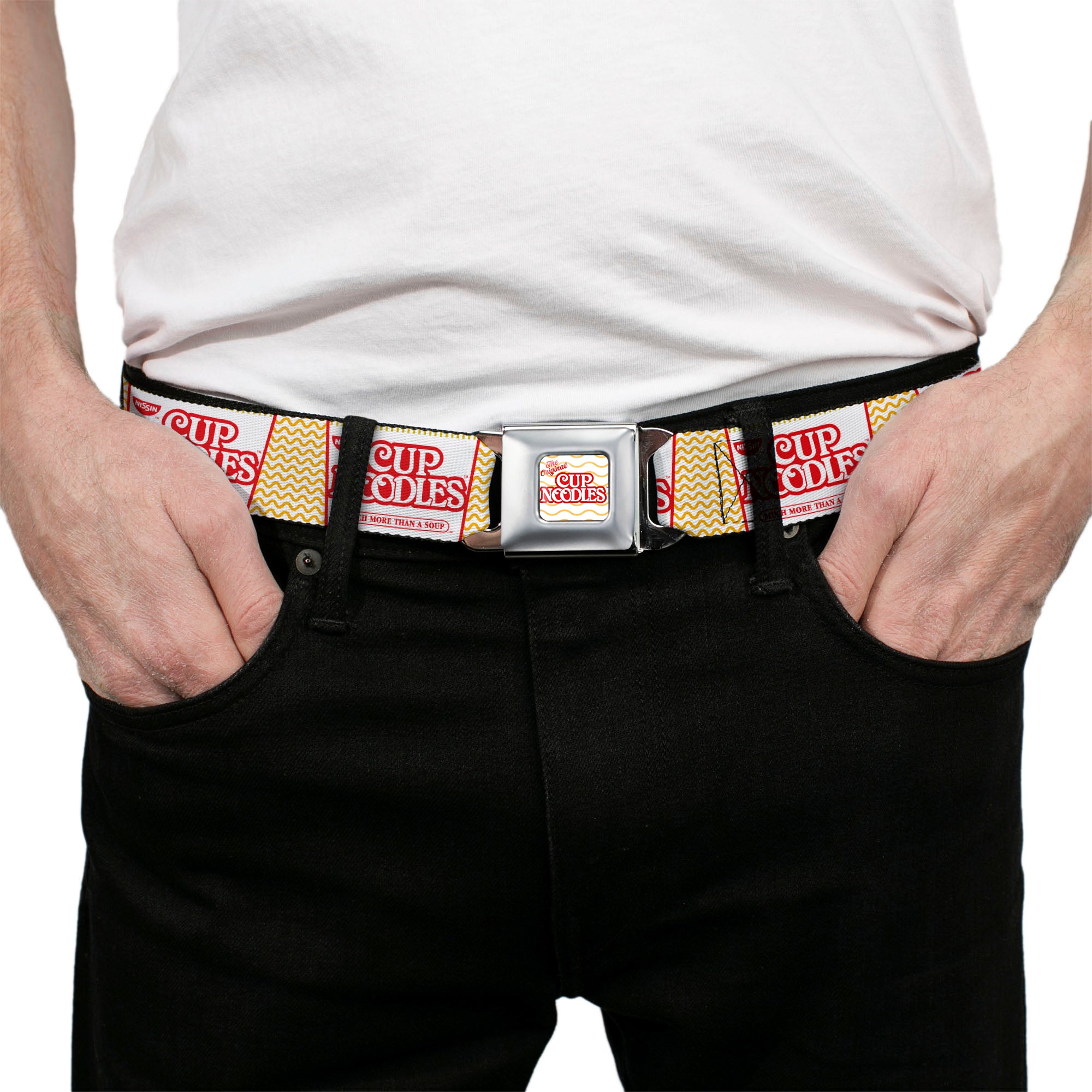 THE ORIGINAL CUP NOODLES Logo/Noodle Wave Full Color White/Orange/Red Seatbelt Belt - Cup Noodles Cups Stacked Collage White/Gold/Red Webbing Seatbelt Belts Nissin