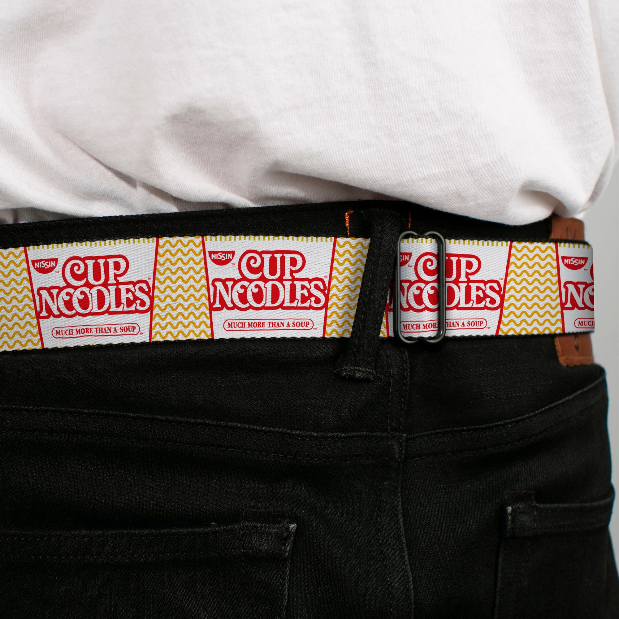 THE ORIGINAL CUP NOODLES Logo/Noodle Wave Full Color White/Orange/Red Seatbelt Belt - Cup Noodles Cups Stacked Collage White/Gold/Red Webbing Seatbelt Belts Nissin