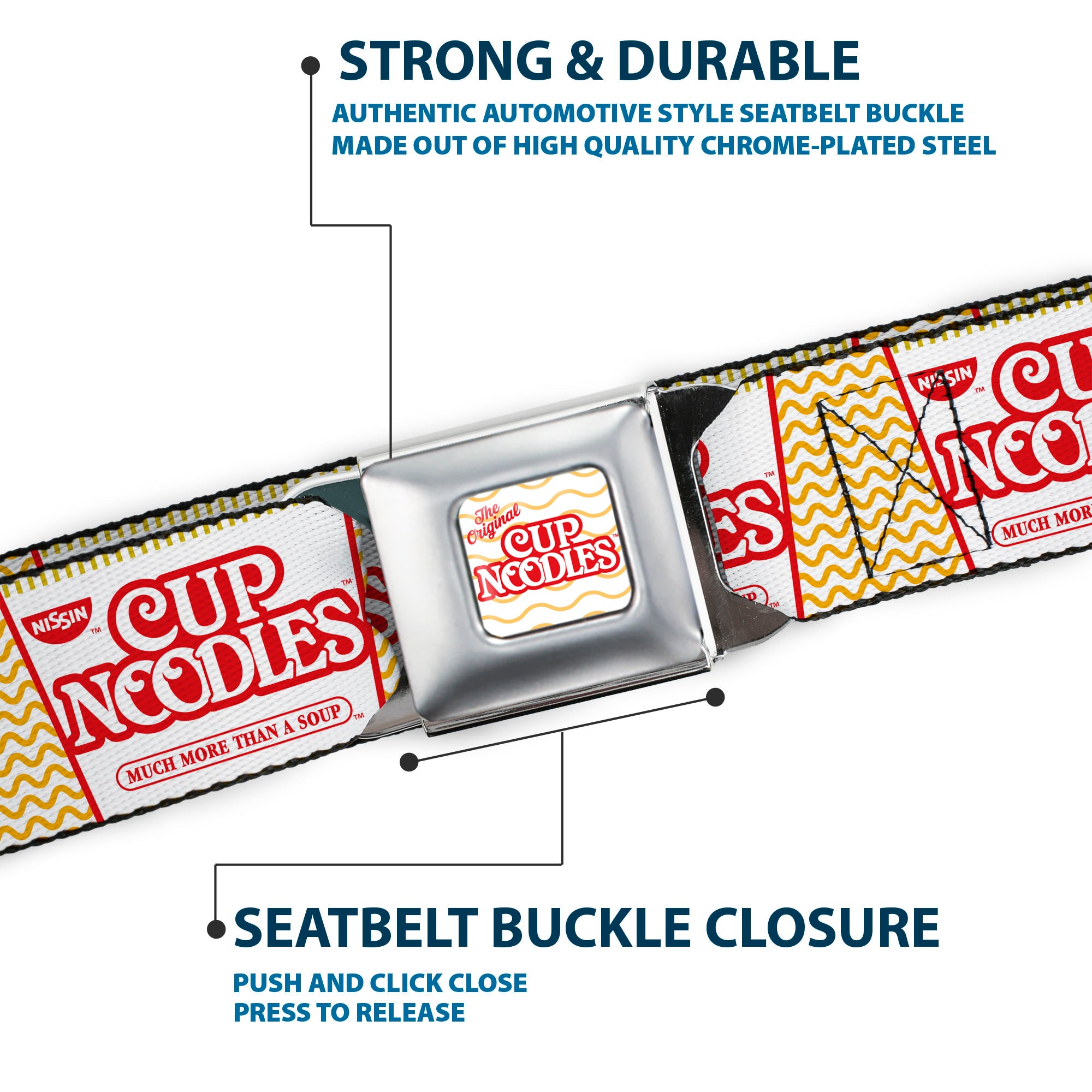 THE ORIGINAL CUP NOODLES Logo/Noodle Wave Full Color White/Orange/Red Seatbelt Belt - Cup Noodles Cups Stacked Collage White/Gold/Red Webbing Seatbelt Belts Nissin