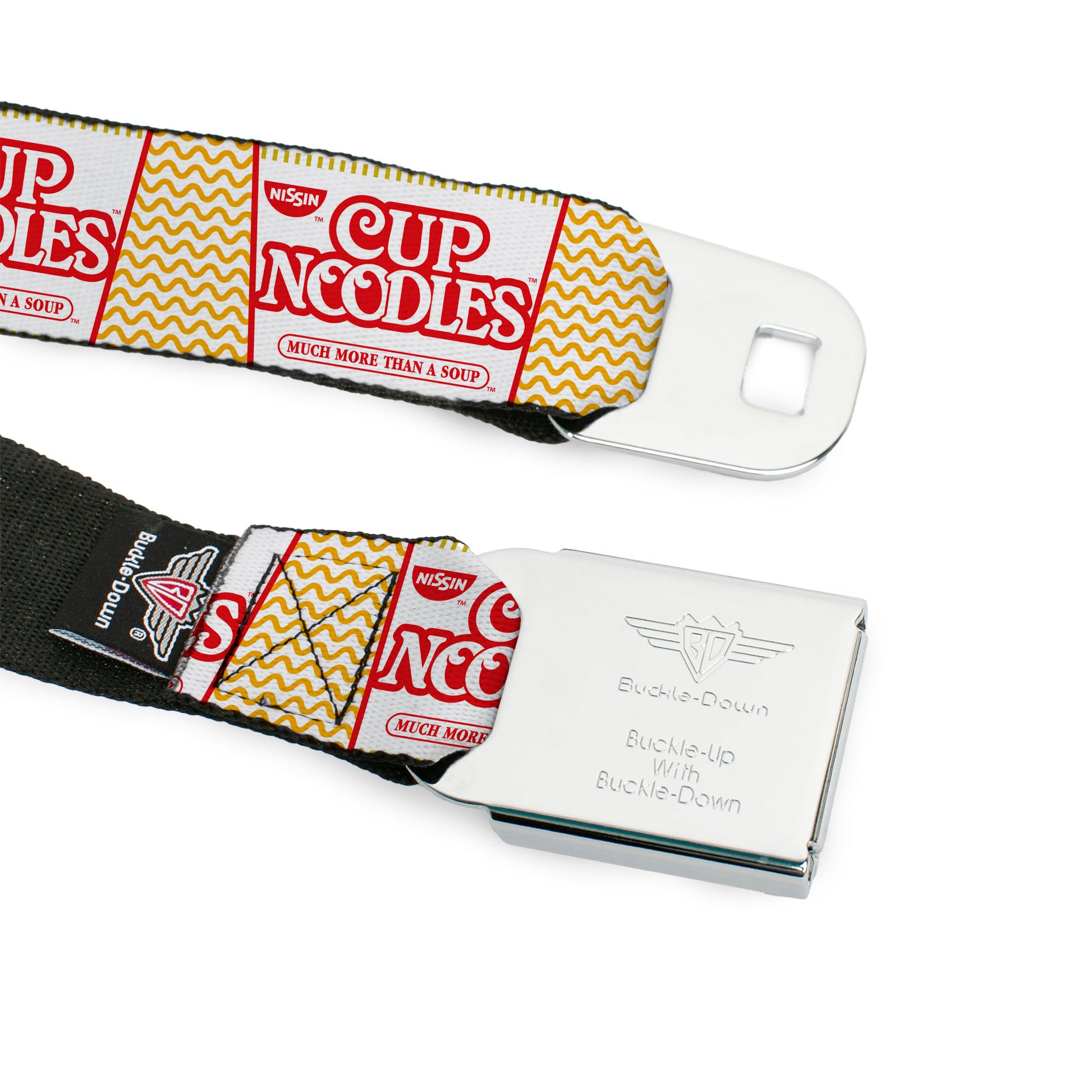 THE ORIGINAL CUP NOODLES Logo/Noodle Wave Full Color White/Orange/Red Seatbelt Belt - Cup Noodles Cups Stacked Collage White/Gold/Red Webbing Seatbelt Belts Nissin