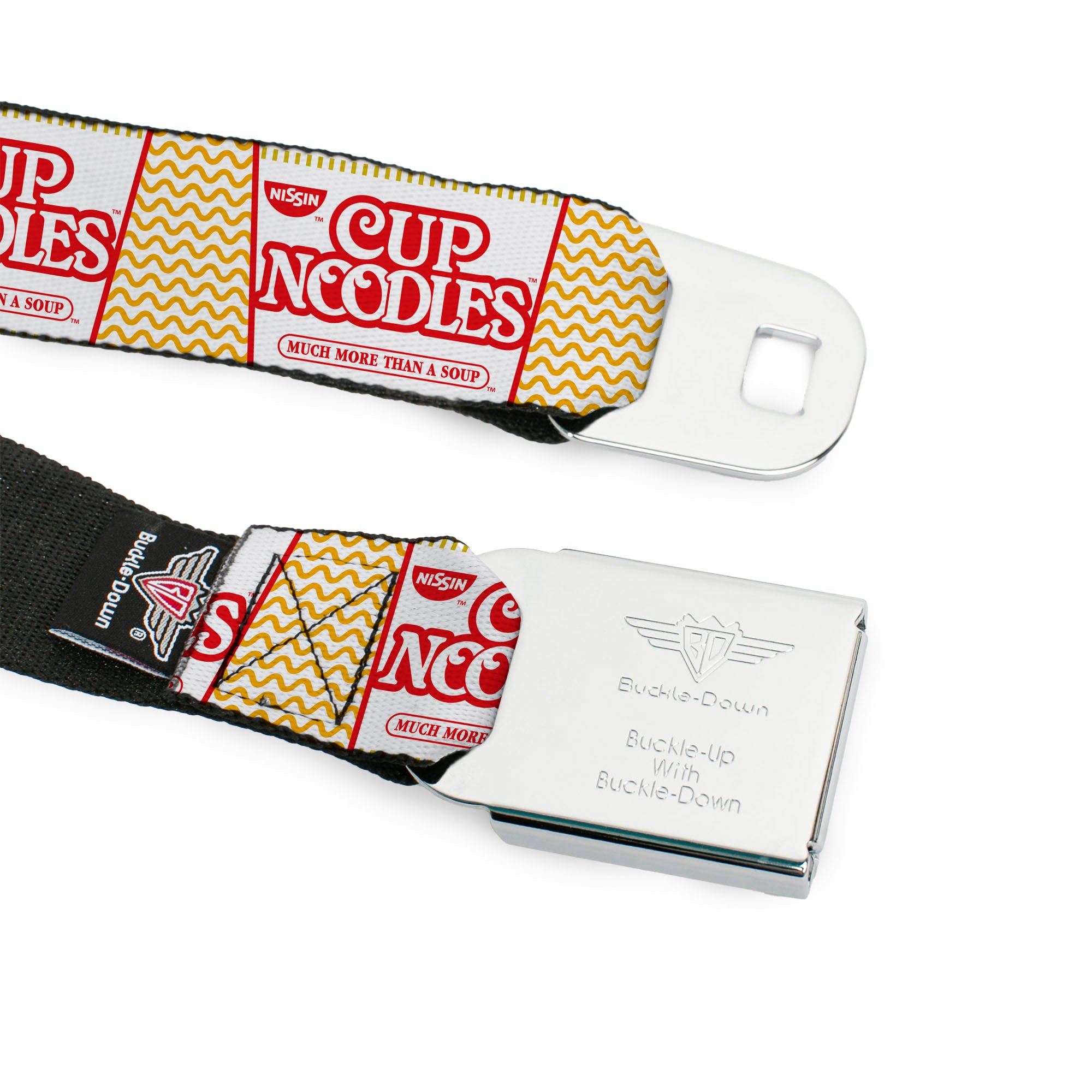 THE ORIGINAL CUP NOODLES Logo/Noodle Wave Full Color White/Orange/Red Seatbelt Belt - Cup Noodles Cups Stacked Collage White/Gold/Red Webbing Seatbelt Belts Nissin