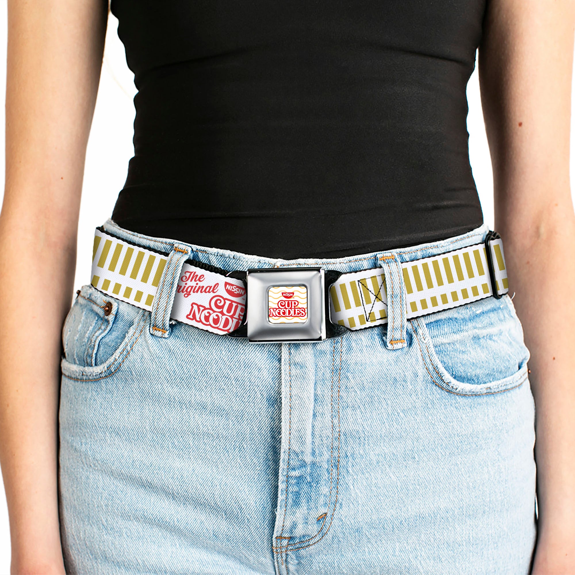 NISSIN CUP NOODLES Logo/Noodle Wave Full Color White/Orange/Red Seatbelt Belt - THE ORIGINAL CUP NOODLES Caterpillar Striping White/Red/Gold Webbing Seatbelt Belts Nissin