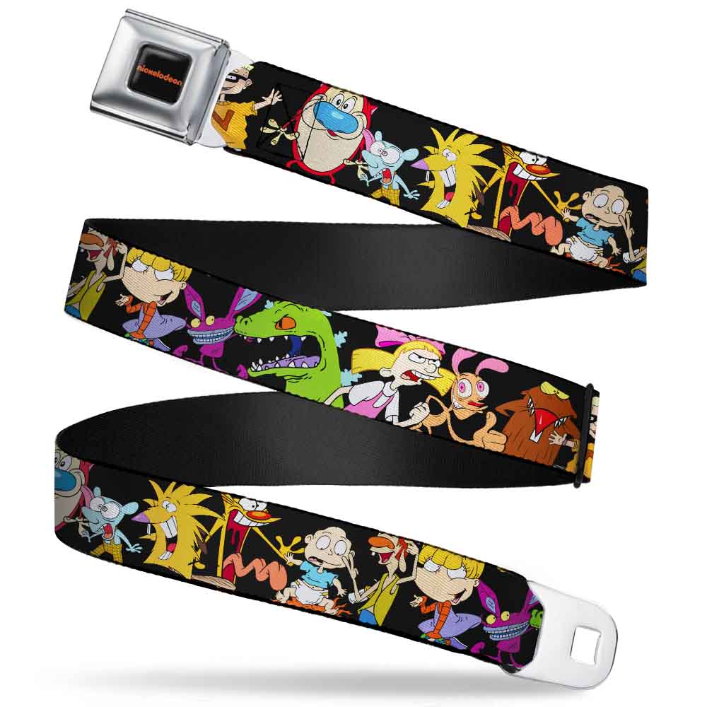 NICKELODEON Logo Full Color Black/Orange Seatbelt Belt - Nick 90's 13-Character Poses Black Webbing Seatbelt Belts Nick 90s