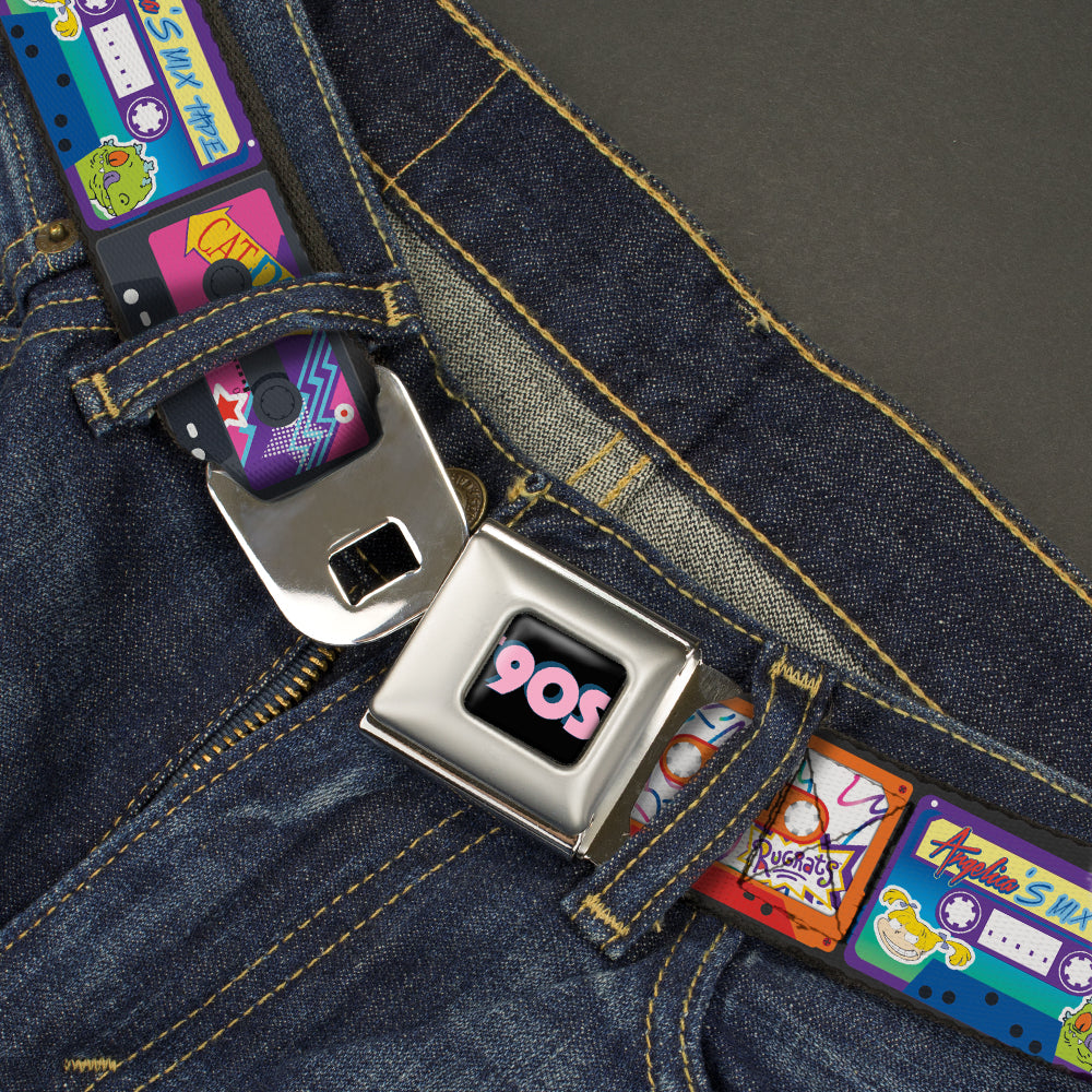 Nick 90'S Rewind Icon Full Color Black/Blue/Pink Seatbelt Belt - Nick 90's Rewind 13-Mash Up Cassette Tapes Black Webbing Seatbelt Belts Nick 90s