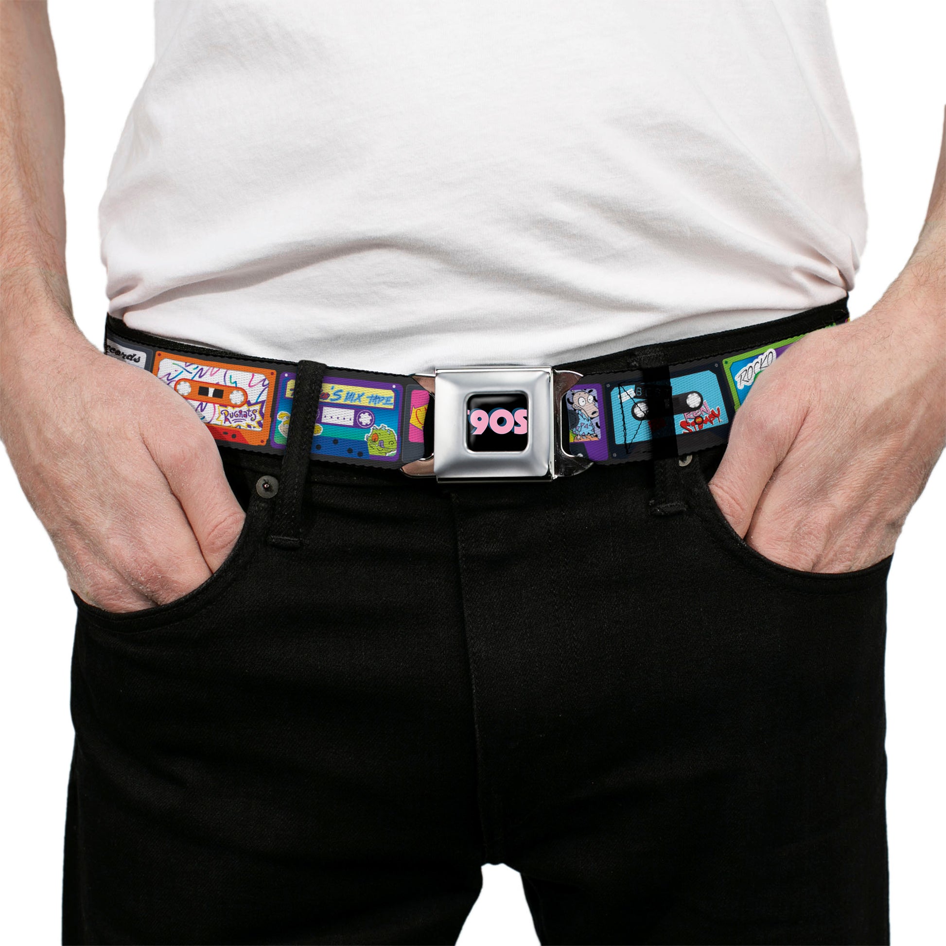 Nick 90'S Rewind Icon Full Color Black/Blue/Pink Seatbelt Belt - Nick 90's Rewind 13-Mash Up Cassette Tapes Black Webbing Seatbelt Belts Nick 90s