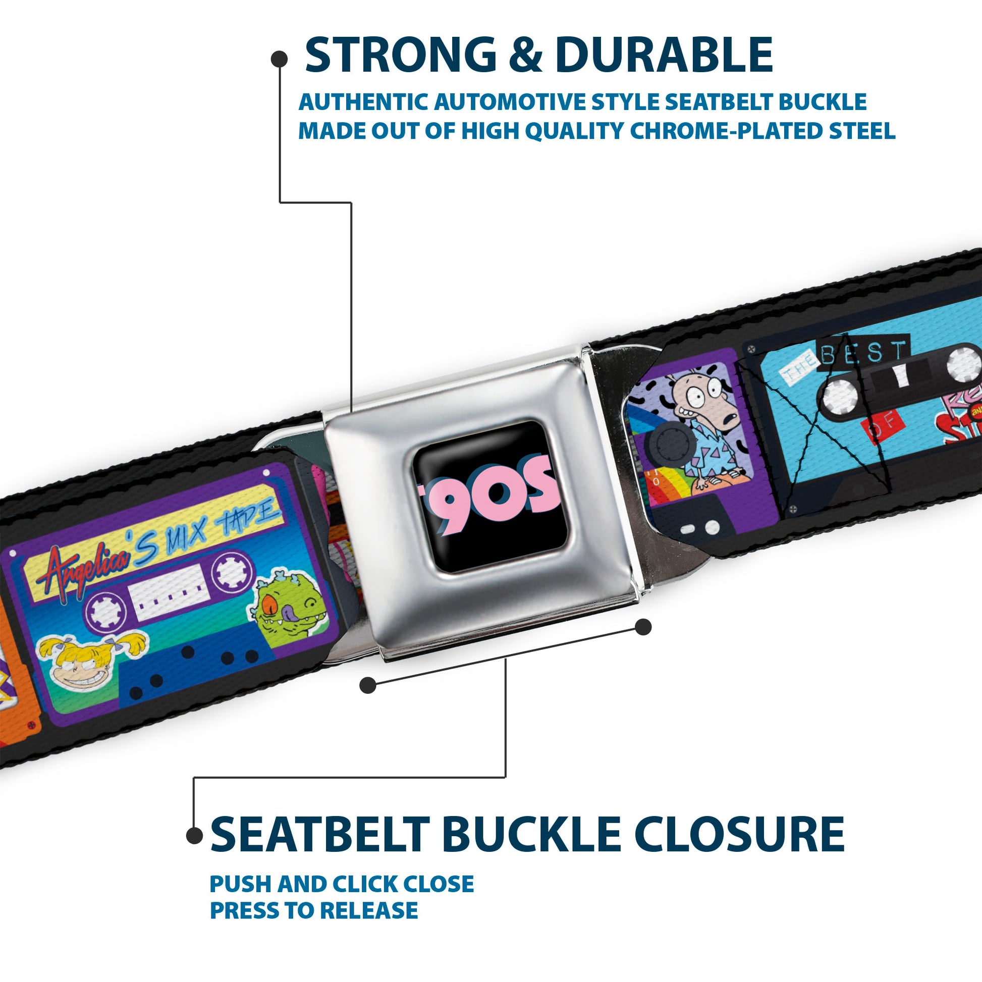 Nick 90'S Rewind Icon Full Color Black/Blue/Pink Seatbelt Belt - Nick 90's Rewind 13-Mash Up Cassette Tapes Black Webbing Seatbelt Belts Nick 90s