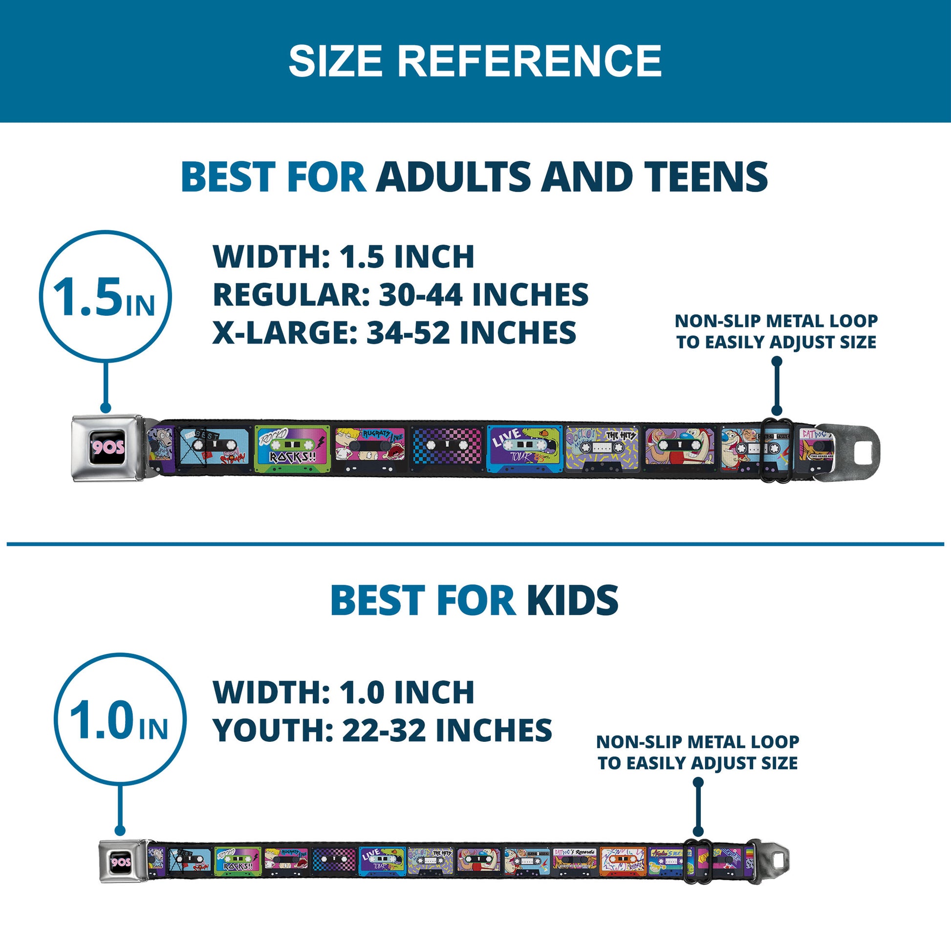Nick 90'S Rewind Icon Full Color Black/Blue/Pink Seatbelt Belt - Nick 90's Rewind 13-Mash Up Cassette Tapes Black Webbing Seatbelt Belts Nick 90s