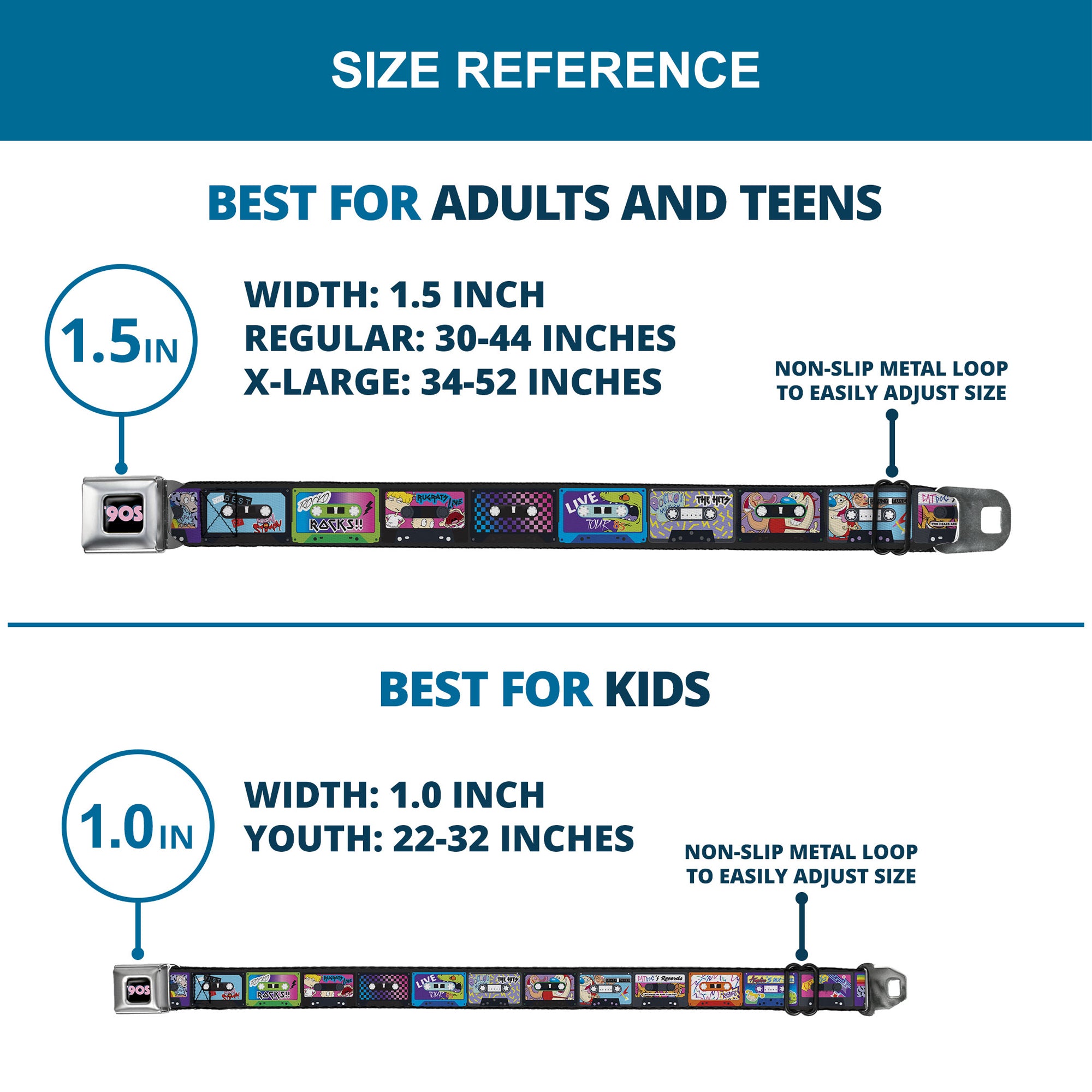 Nick 90'S Rewind Icon Full Color Black/Blue/Pink Seatbelt Belt - Nick 90's Rewind 13-Mash Up Cassette Tapes Black Webbing Seatbelt Belts Nick 90s