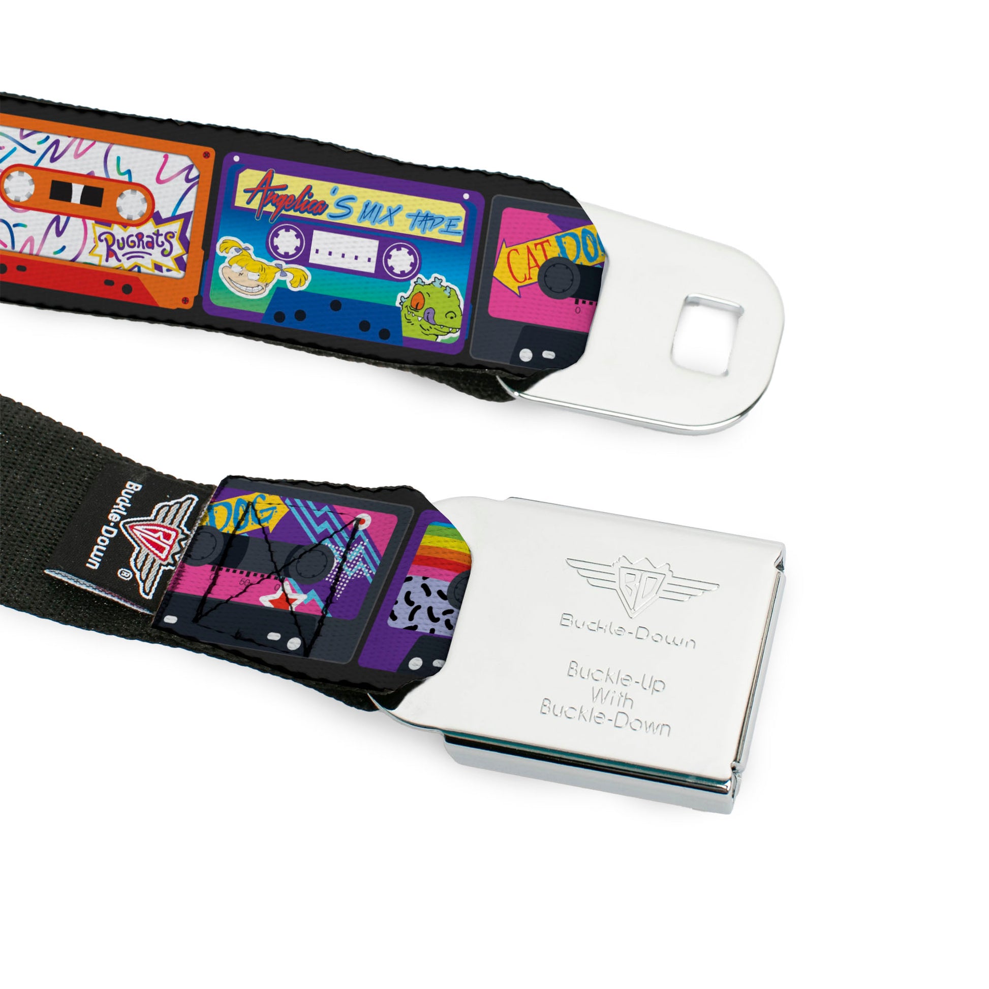 Nick 90'S Rewind Icon Full Color Black/Blue/Pink Seatbelt Belt - Nick 90's Rewind 13-Mash Up Cassette Tapes Black Webbing Seatbelt Belts Nick 90s