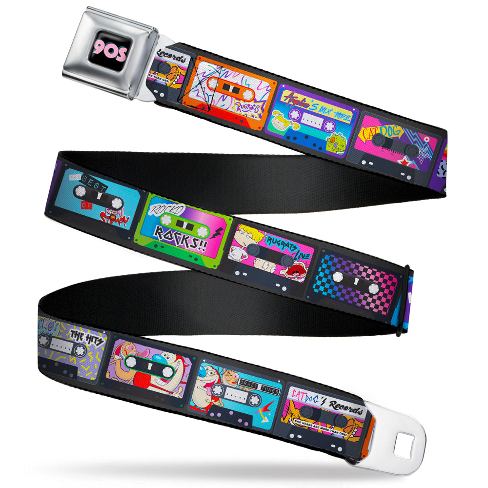 Nick 90'S Rewind Icon Full Color Black/Blue/Pink Seatbelt Belt - Nick 90's Rewind 13-Mash Up Cassette Tapes Black Webbing Seatbelt Belts Nick 90s