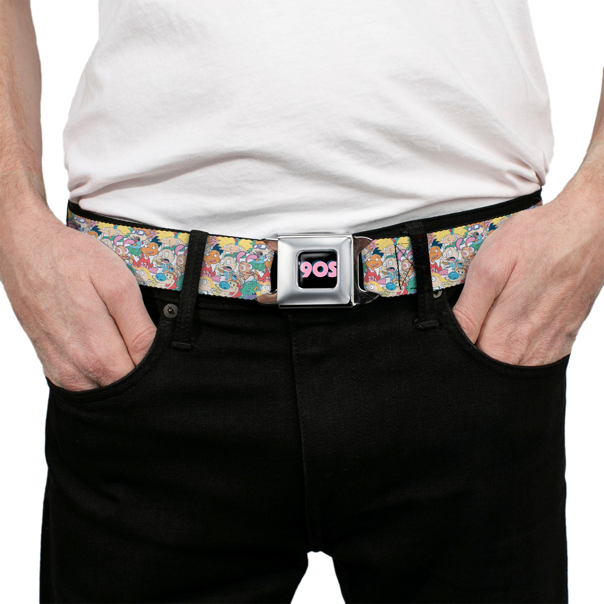 Nick 90'S Rewind Icon Full Color Black/Blue/Pink Seatbelt Belt - Nick 90's Rewind 8-Character Mash Up Collage White Webbing Seatbelt Belts Nick 90s
