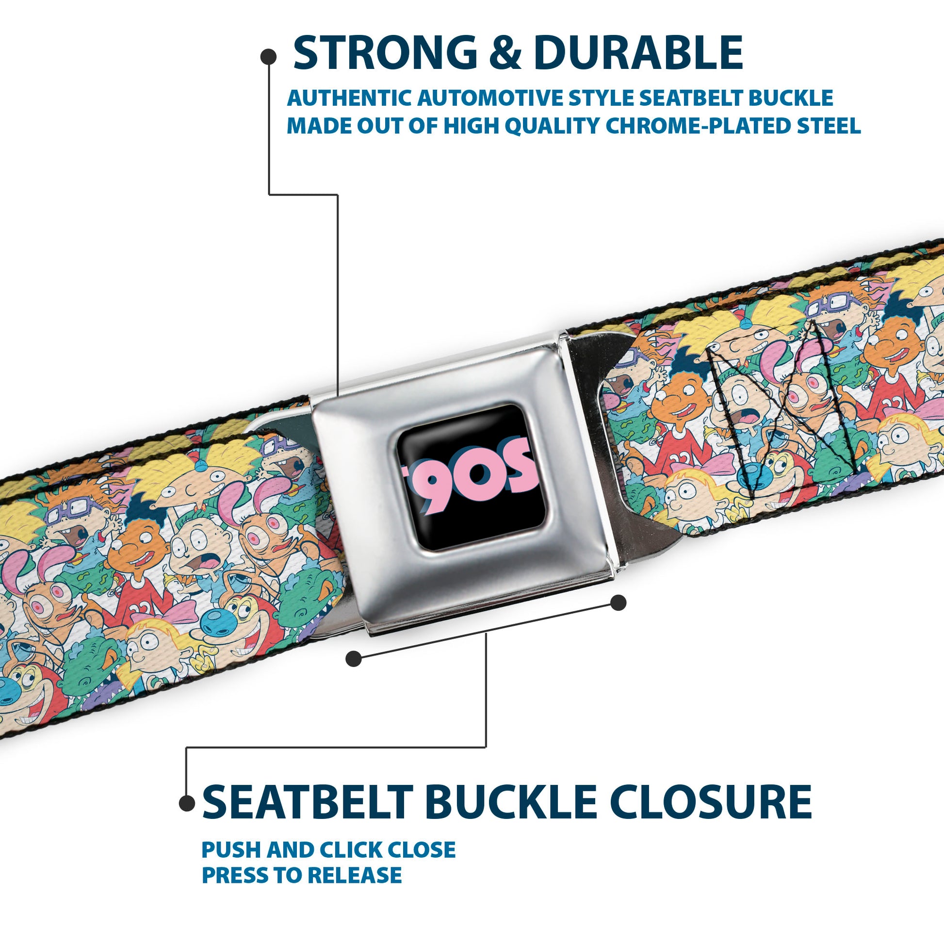Nick 90'S Rewind Icon Full Color Black/Blue/Pink Seatbelt Belt - Nick 90's Rewind 8-Character Mash Up Collage White Webbing Seatbelt Belts Nick 90s
