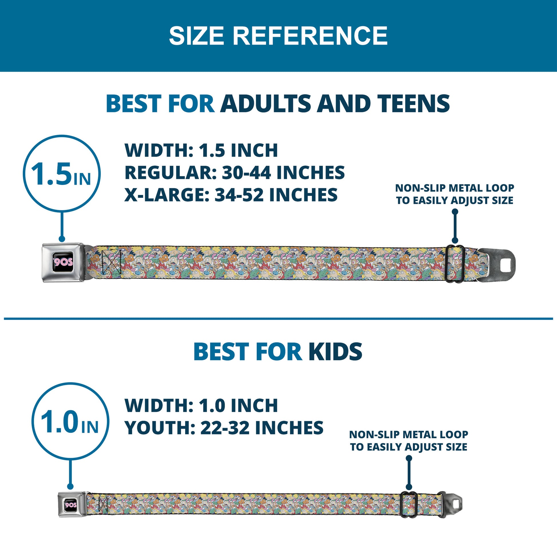 Nick 90'S Rewind Icon Full Color Black/Blue/Pink Seatbelt Belt - Nick 90's Rewind 8-Character Mash Up Collage White Webbing Seatbelt Belts Nick 90s