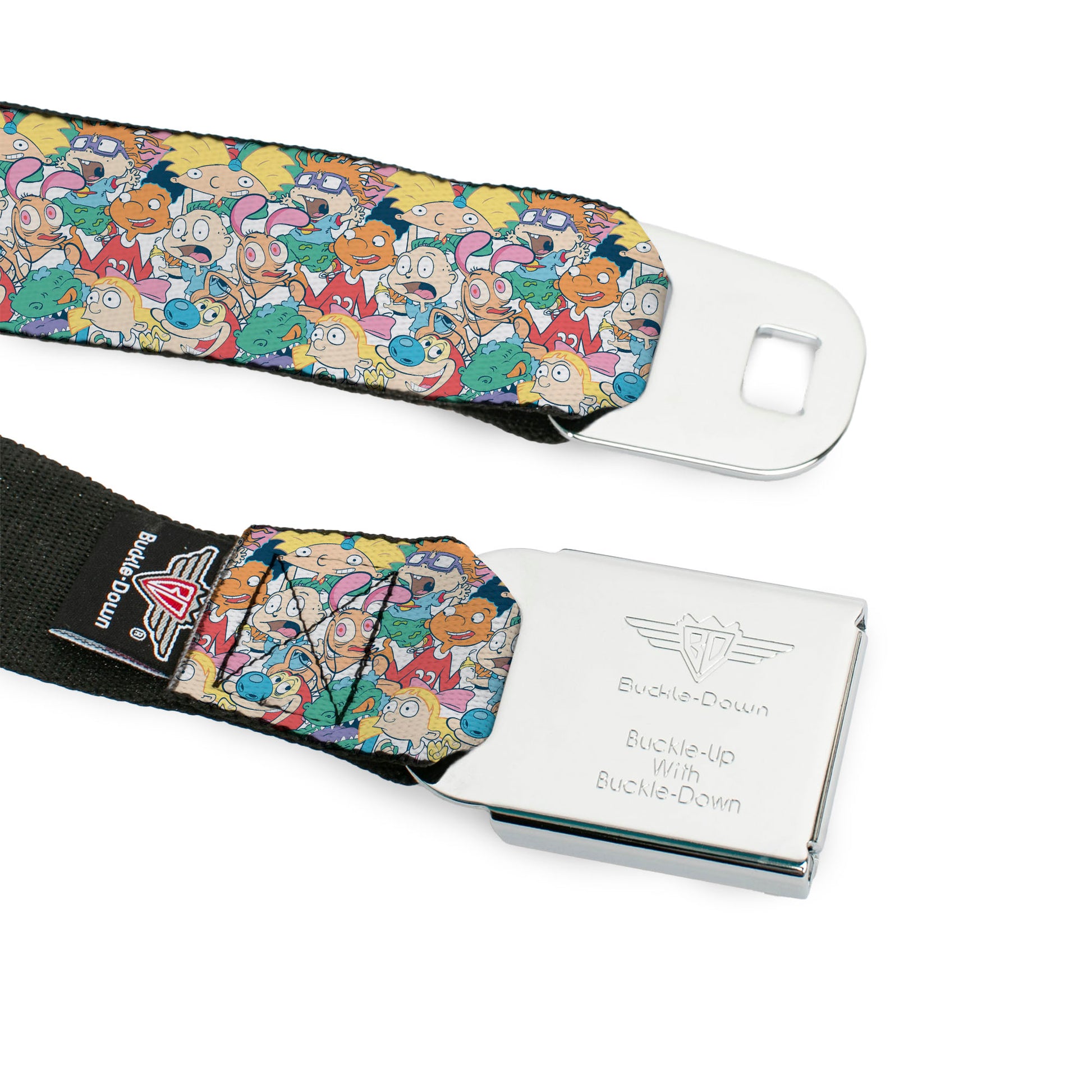 Nick 90'S Rewind Icon Full Color Black/Blue/Pink Seatbelt Belt - Nick 90's Rewind 8-Character Mash Up Collage White Webbing Seatbelt Belts Nick 90s