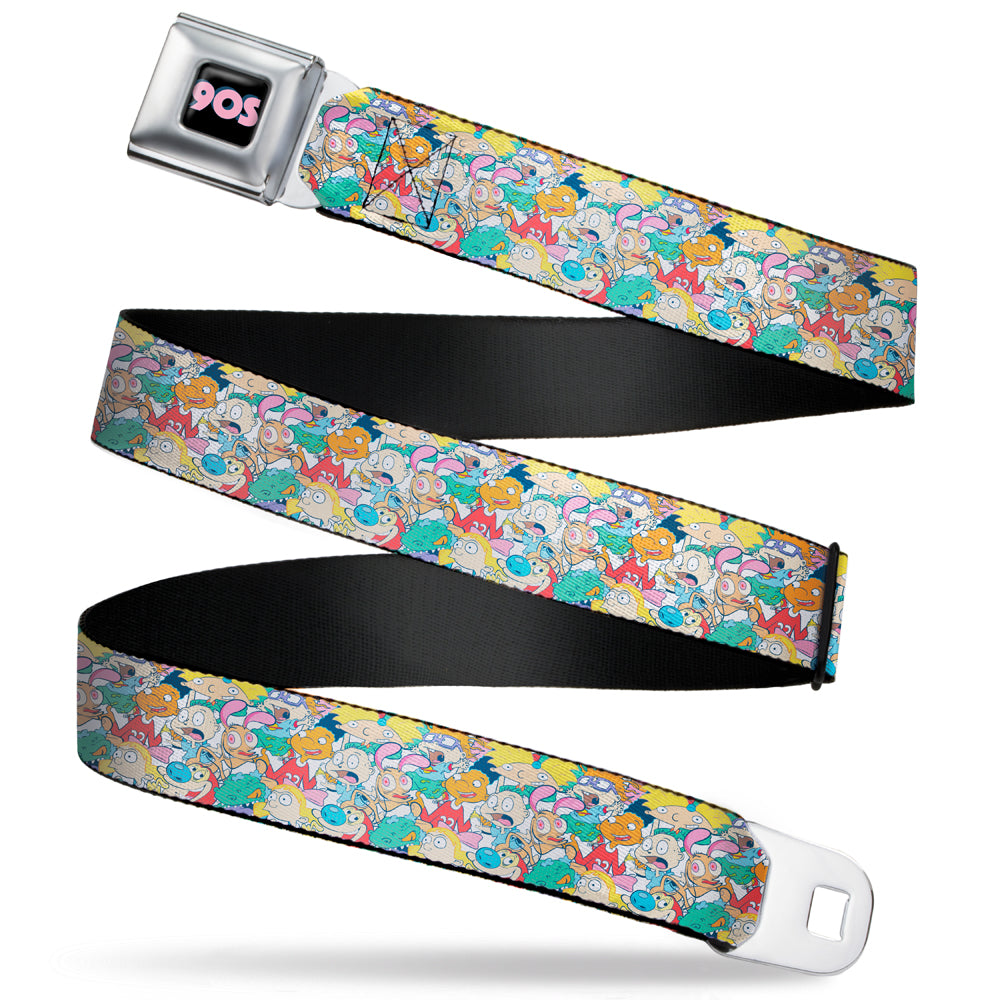 Nick 90'S Rewind Icon Full Color Black/Blue/Pink Seatbelt Belt - Nick 90's Rewind 8-Character Mash Up Collage White Webbing Seatbelt Belts Nick 90s
