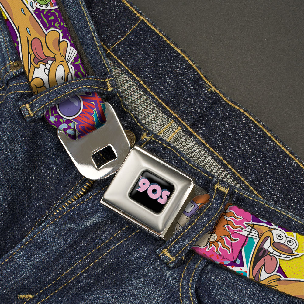 Nick 90'S Rewind Icon Full Color Black/Blue/Pink Seatbelt Belt - Nick 90's Rewind 7-Character/4-Logo Collage Webbing Seatbelt Belts Nick 90s