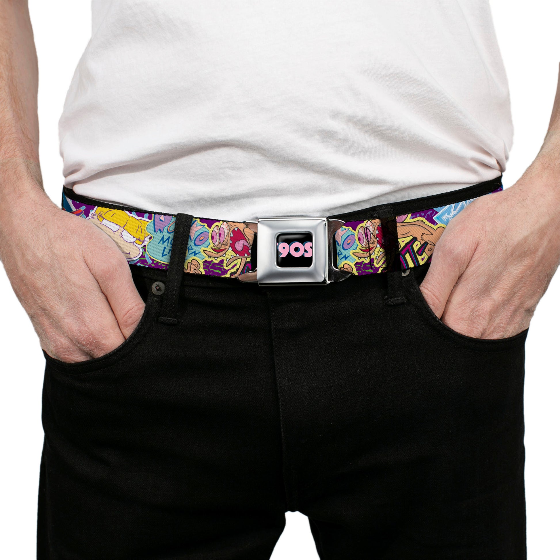 Nick 90'S Rewind Icon Full Color Black/Blue/Pink Seatbelt Belt - Nick 90's Rewind 7-Character/4-Logo Collage Webbing Seatbelt Belts Nick 90s