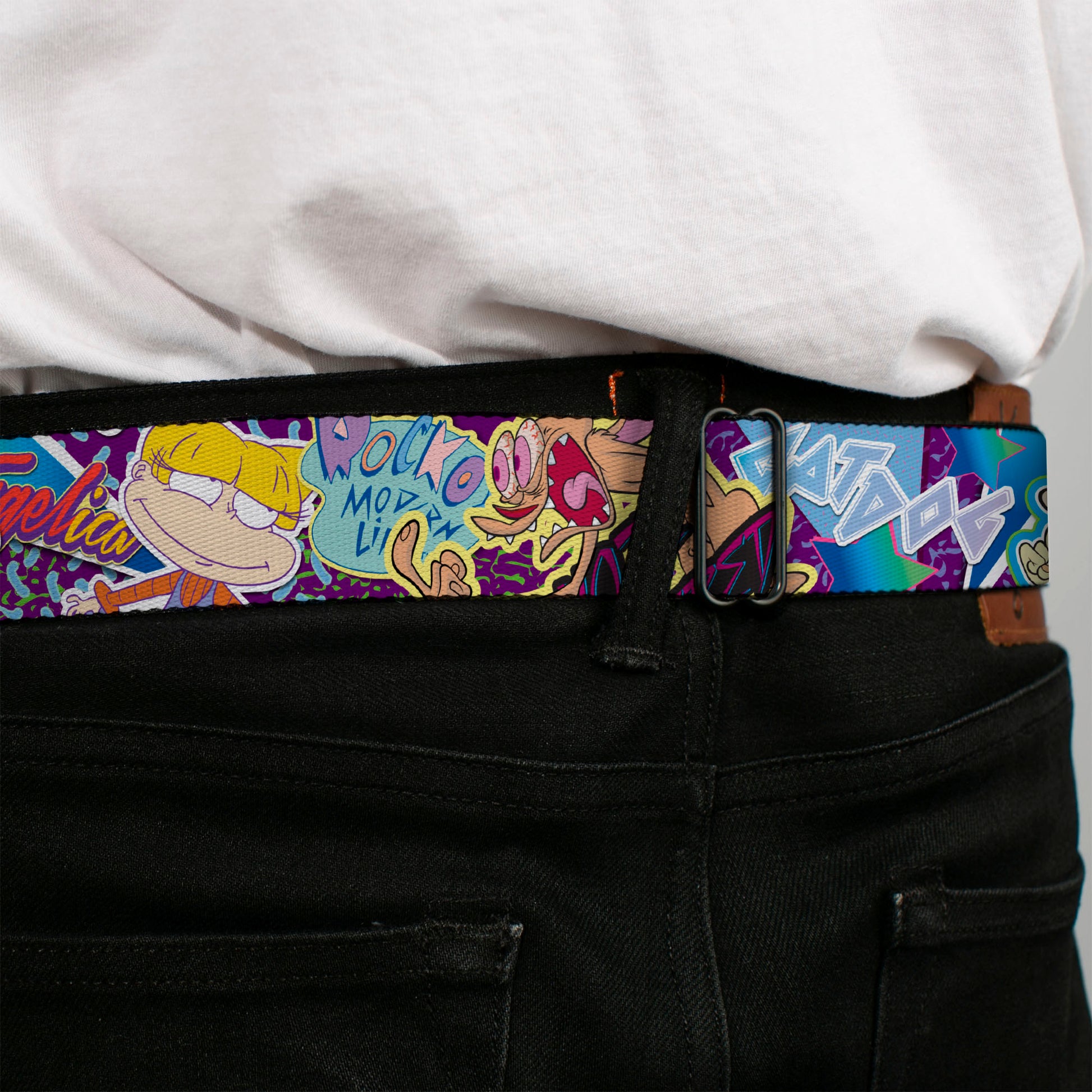 Nick 90'S Rewind Icon Full Color Black/Blue/Pink Seatbelt Belt - Nick 90's Rewind 7-Character/4-Logo Collage Webbing Seatbelt Belts Nick 90s