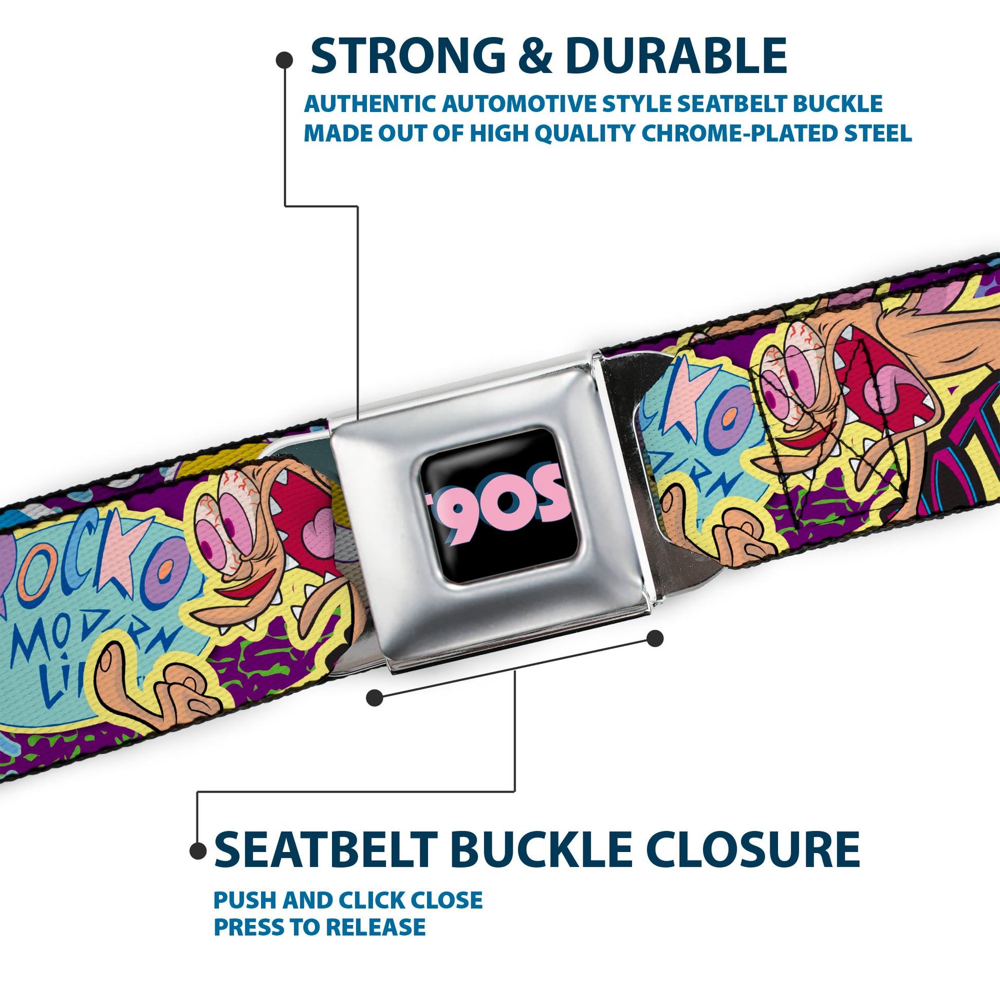 Nick 90'S Rewind Icon Full Color Black/Blue/Pink Seatbelt Belt - Nick 90's Rewind 7-Character/4-Logo Collage Webbing Seatbelt Belts Nick 90s